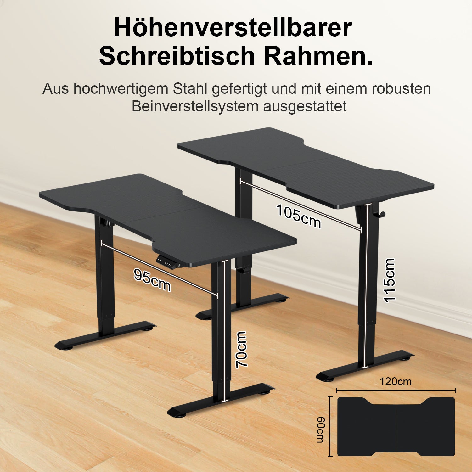 Biurko z regulacją wysokości 120 x 60 cm, elektryczne biurko stojące z portem ładowania USB-A/C, sterowanie z pamięcią, funkcja antykolizyjna, czarne - 2