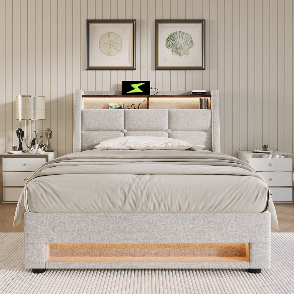 Lit coffre 90x200 cm Lit rembourré avec USB Lit simple LED avec sommier à lattes métalliques pour adolescents Sans matelas Beige - 6