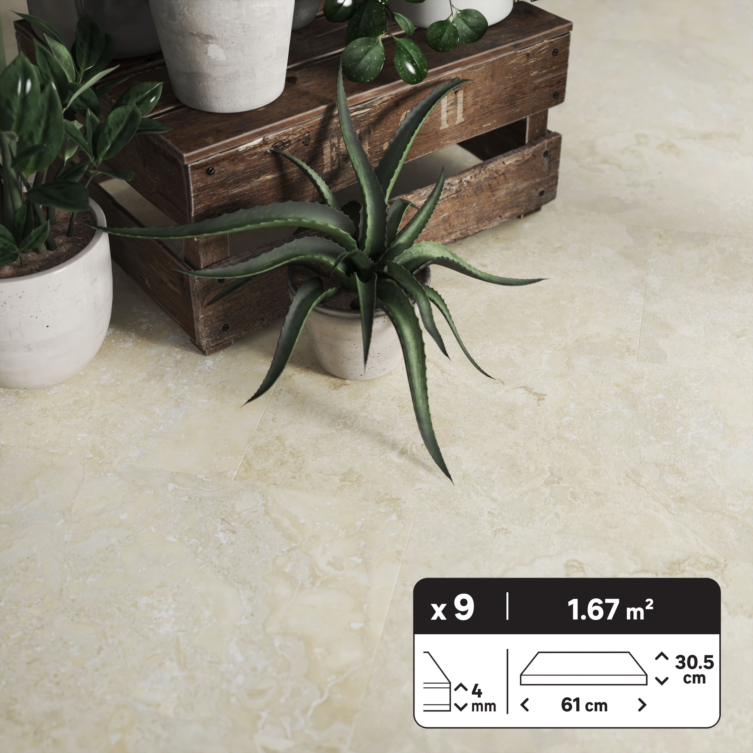 Dalle PVC clipsable forte ARTENS - LAKOS Effet carrelage en travertin beige - 1,67 m²/ 9 Dalles - 3