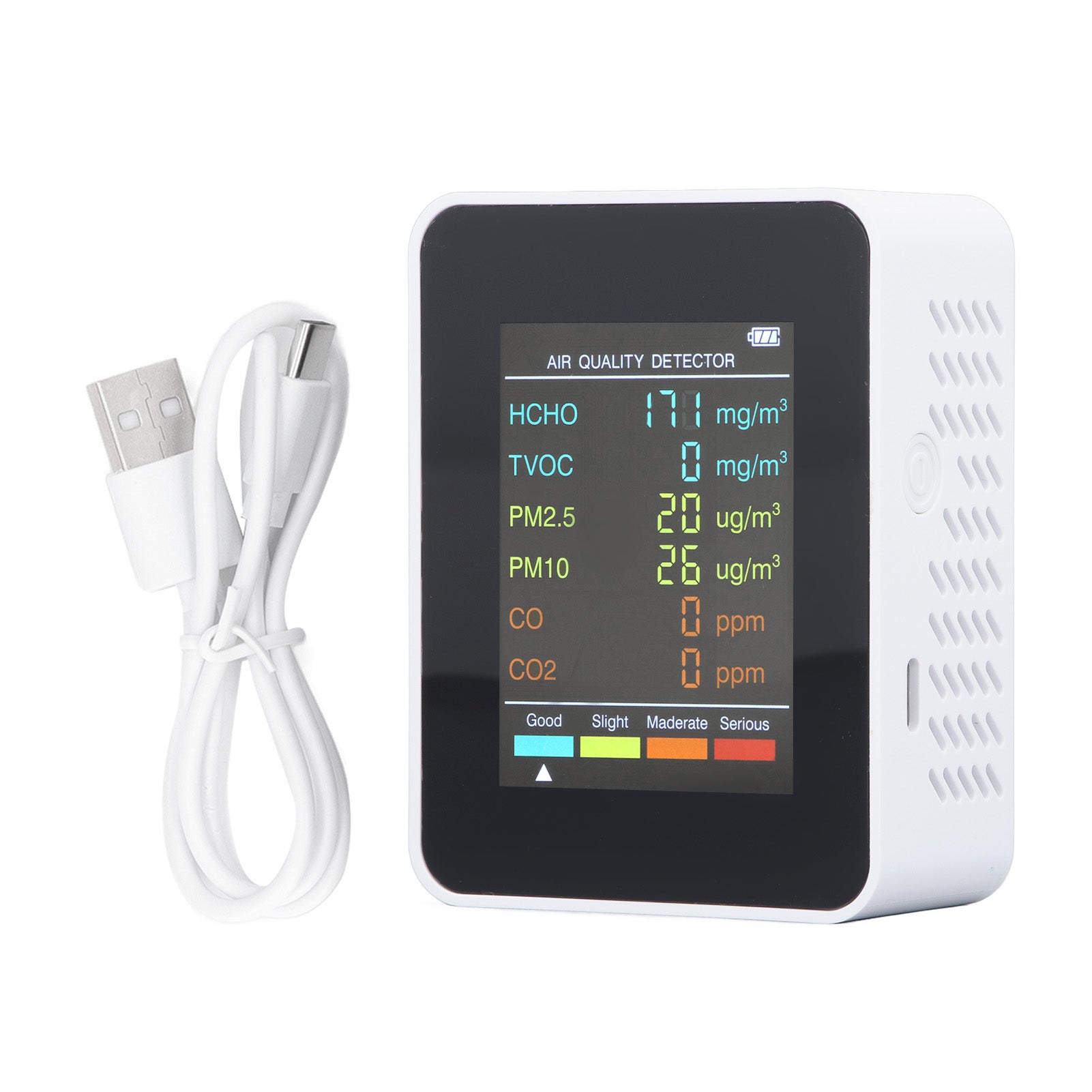 Przenośny wyświetlacz podświetlany, jakość powietrza, CO2, TVOC, HCHO, PM2,5, PM10, detektor z alarmem, biały