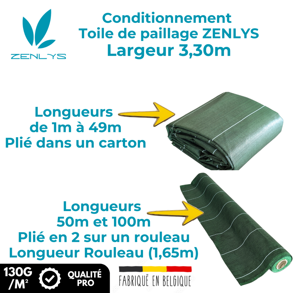 Toile de paillage tissée Longueur 25m Largeur 3,3m Couleur Vert 130g m2 Grande Largeur Similaire Geotextile Résistant ZENLYS - 5