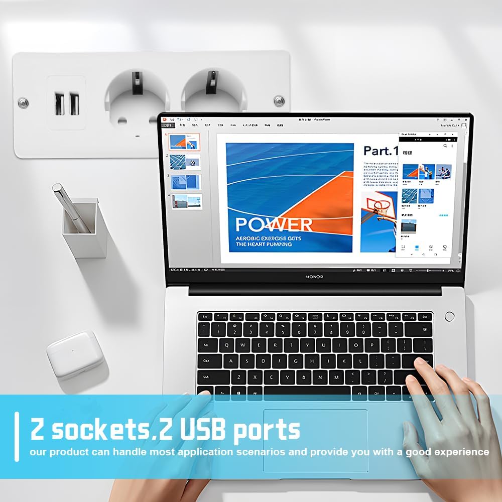 Prise Encastrable et 2 Ports USB Type-C PD20W, Câble 1,7m, Multiprise Intégrée pour Bureau et Meuble - 4