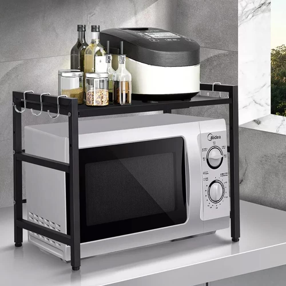 Meuble Rangement de Cuisine Support Four Micro-Ondes Extensible en Hauteur & Largeur - Noir, Acier au Carbone, 2 Niveaux d'étagère, 6 Crochets - 3
