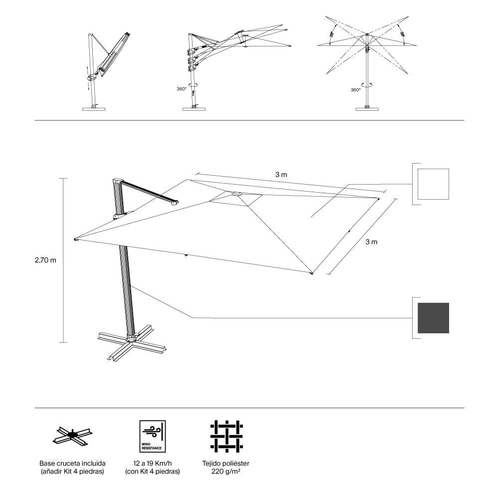 IASO Basics Pisa – Parasol déporté 3x3, toile blanche, structure anthracite - 8