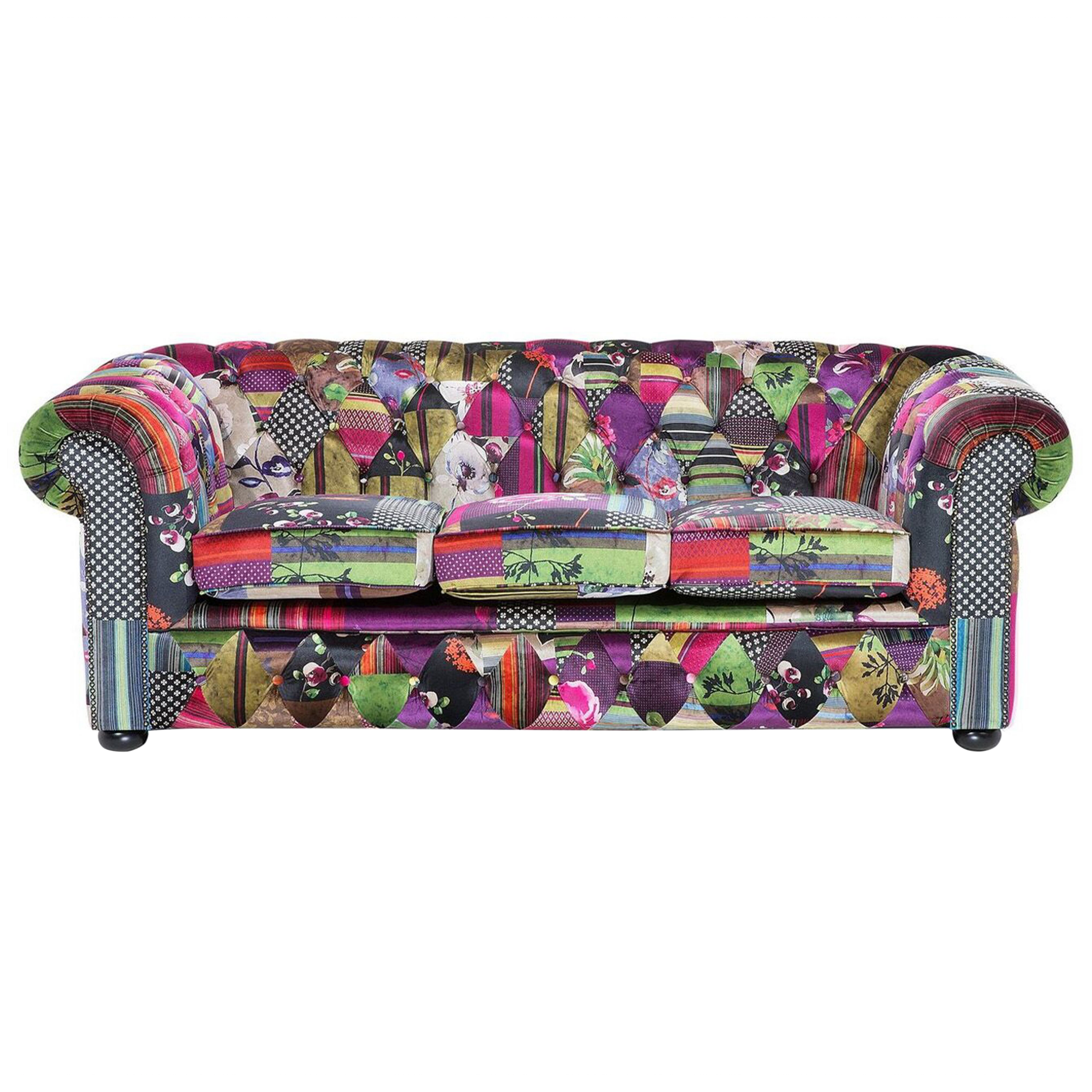 Canapé Fixe 3 Places Chesterfield Patchwork en Tissu Violet avec ...