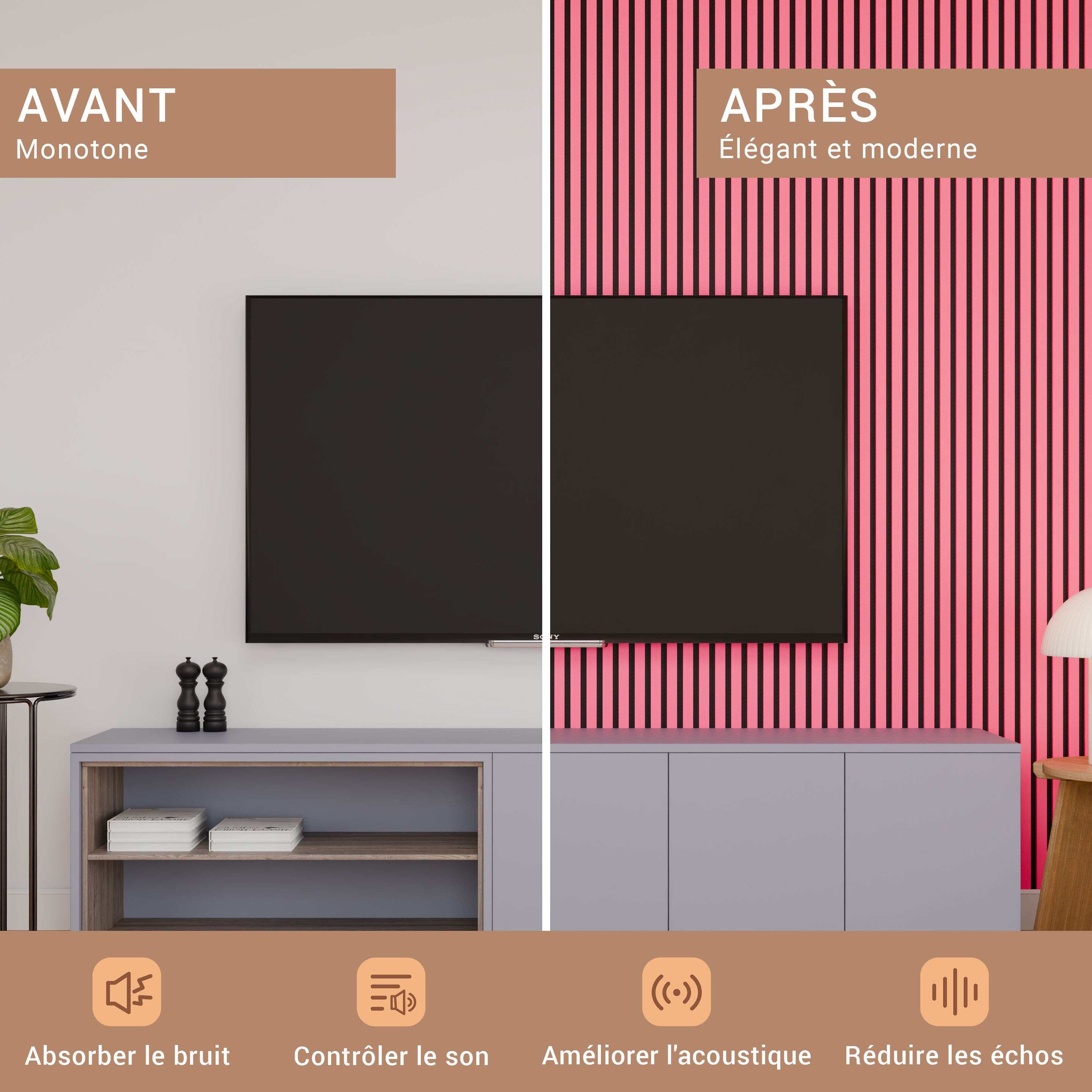 Lot de 2 - 240 x 60 cm - Panneau Tasseaux - Rose - Feutrine Noir - Qualité premium - ep 21mm - 7