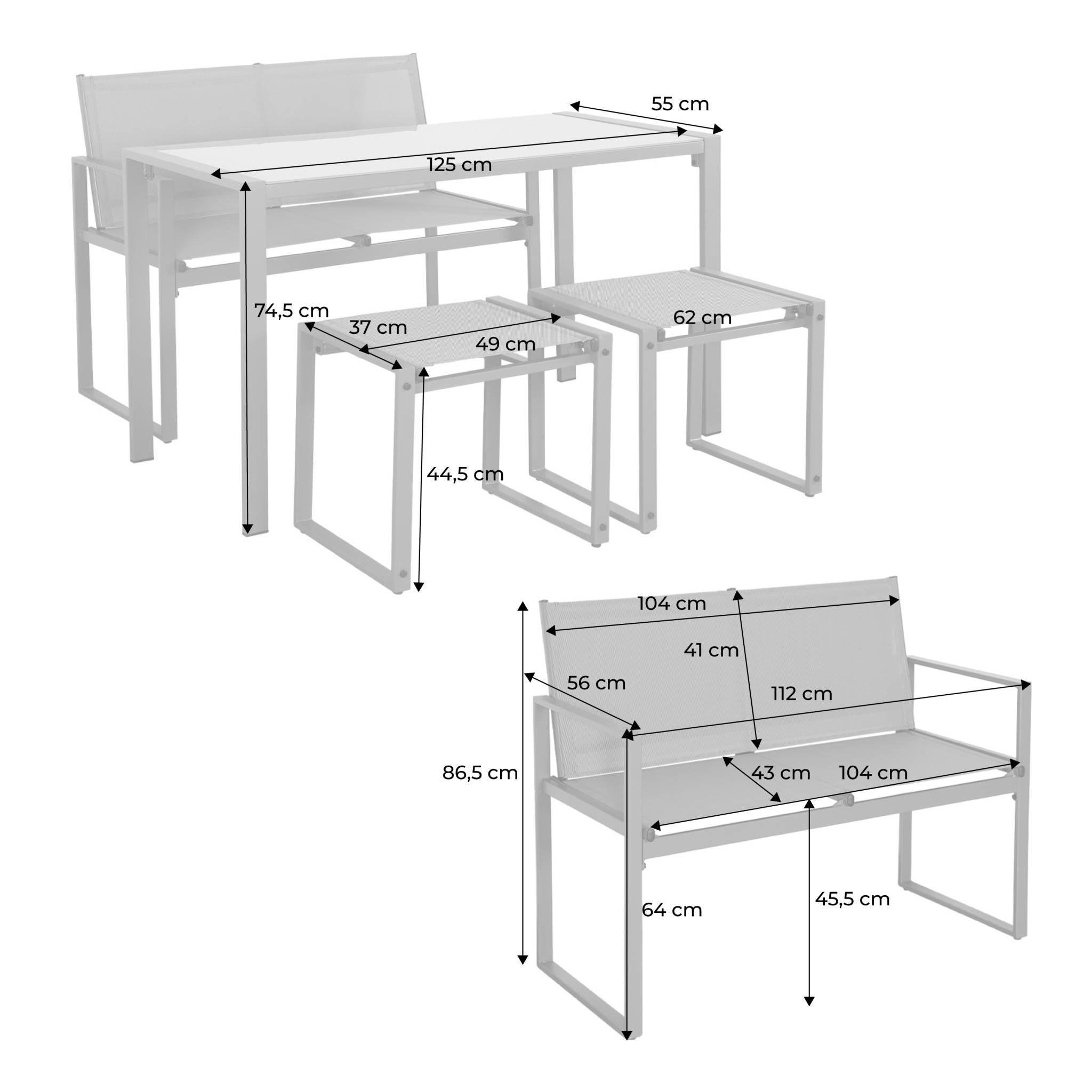 Conjunto de mesa de jardín encastrable, 4 plazas Antracita - 125x59.5x74 cm - 4