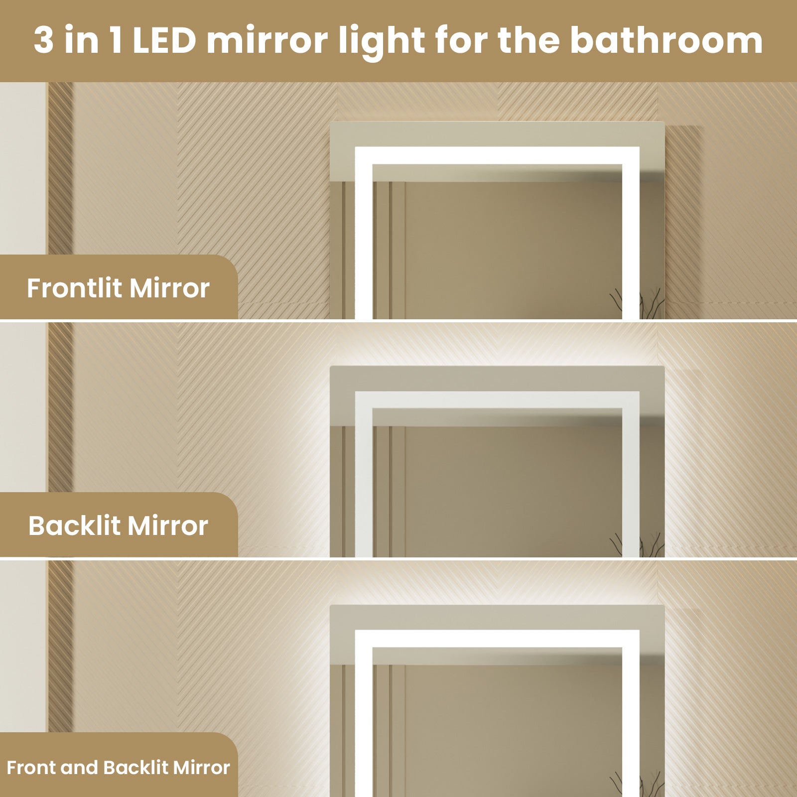 LED Miroir Lumineux+Tricolore + Anti-buée 100x60cm Salle de Bain Dimmable,Mémoire,Tactile - 3