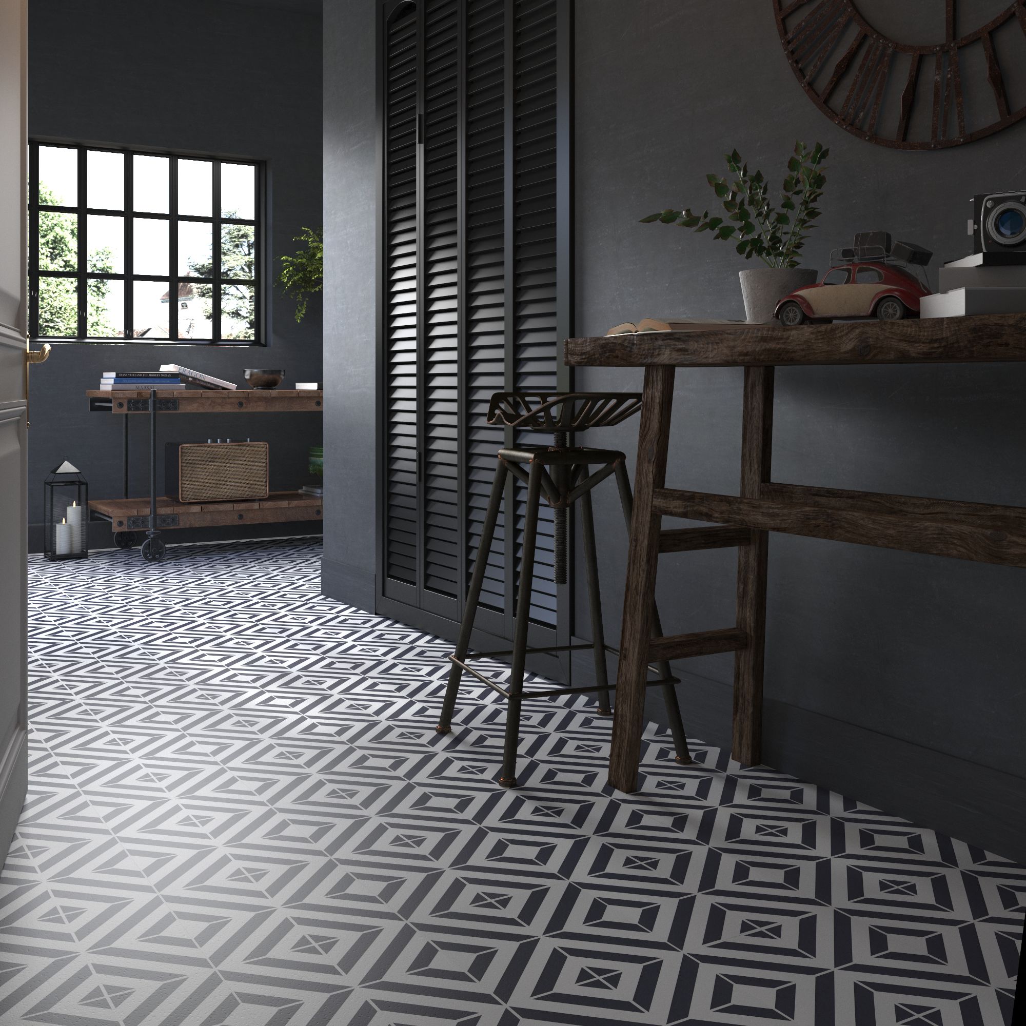 ARTENS - Telha adesiva de PVC - Efeito ladrilho geométrico preto e branco - 2,23m²/12 ladrilhos - 6