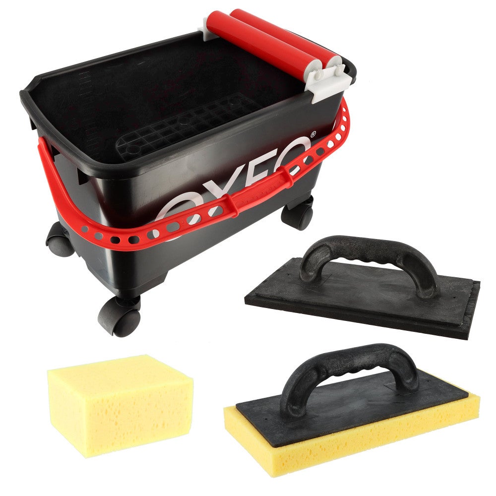 Kit de lavage spécial joints de carrelage pour carreleur - Bac 24L sur roulettes - Taloche éponge - Platoir à jointer - Éponge - 3