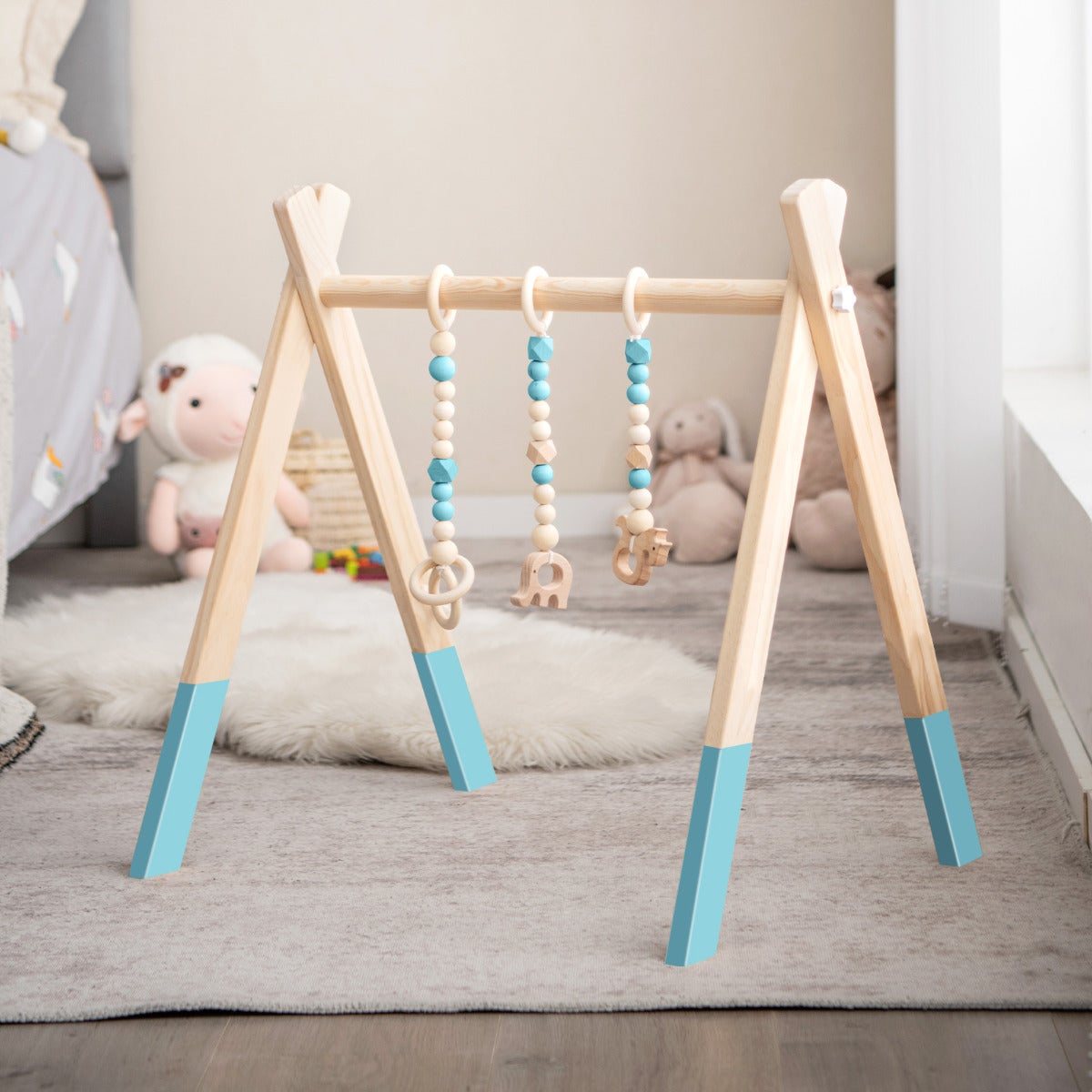 Portique D'Éveil Bébé Bois Pliable Avec Jouets De Dentition Vert 66x40x60cm 3 Mois 75293261