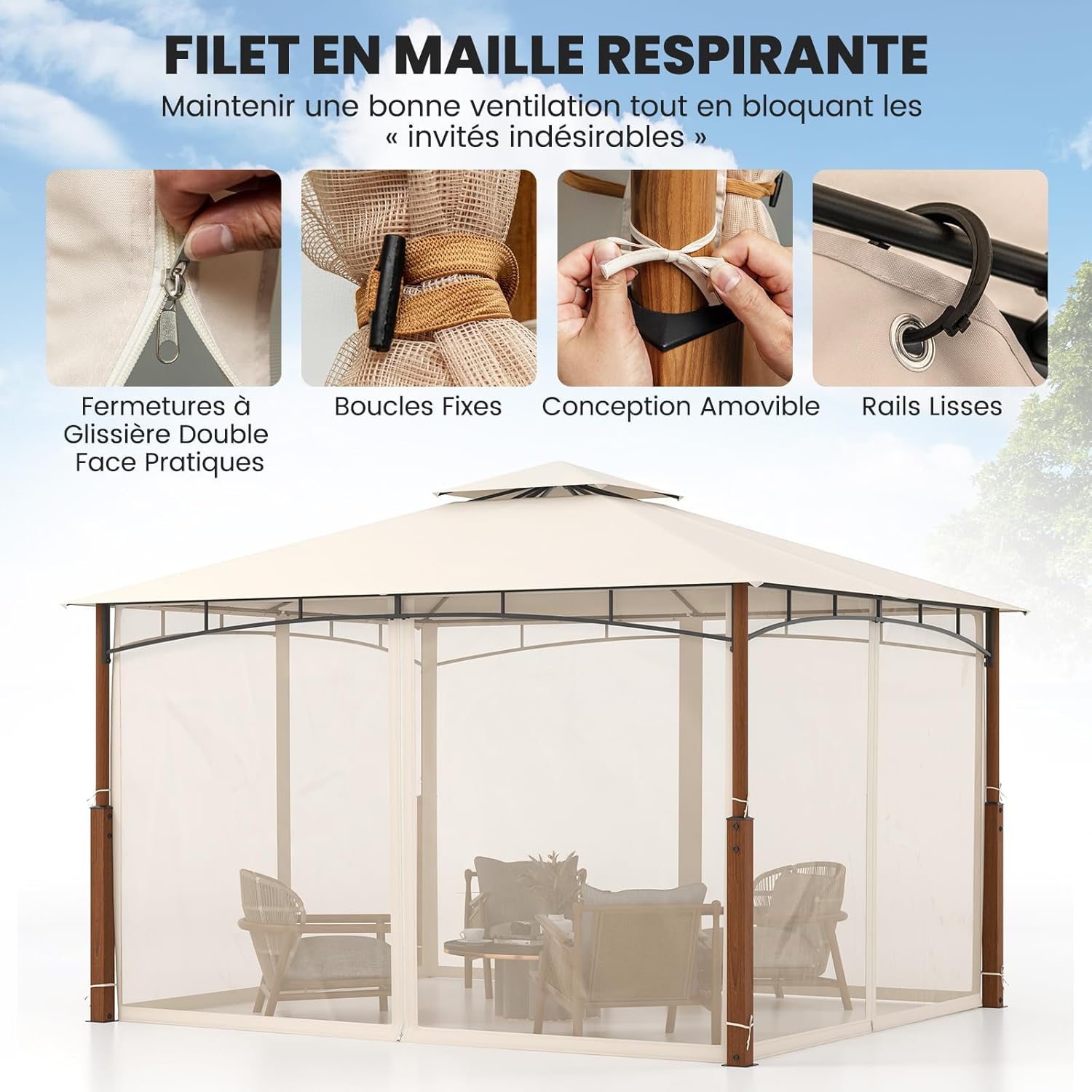 Cenador de jardín de 3 x 3,6 m, pabellón terraza con techos dobles ventilados, paredes de red transpirable, clavos de suelo, pabellón exterior - 4