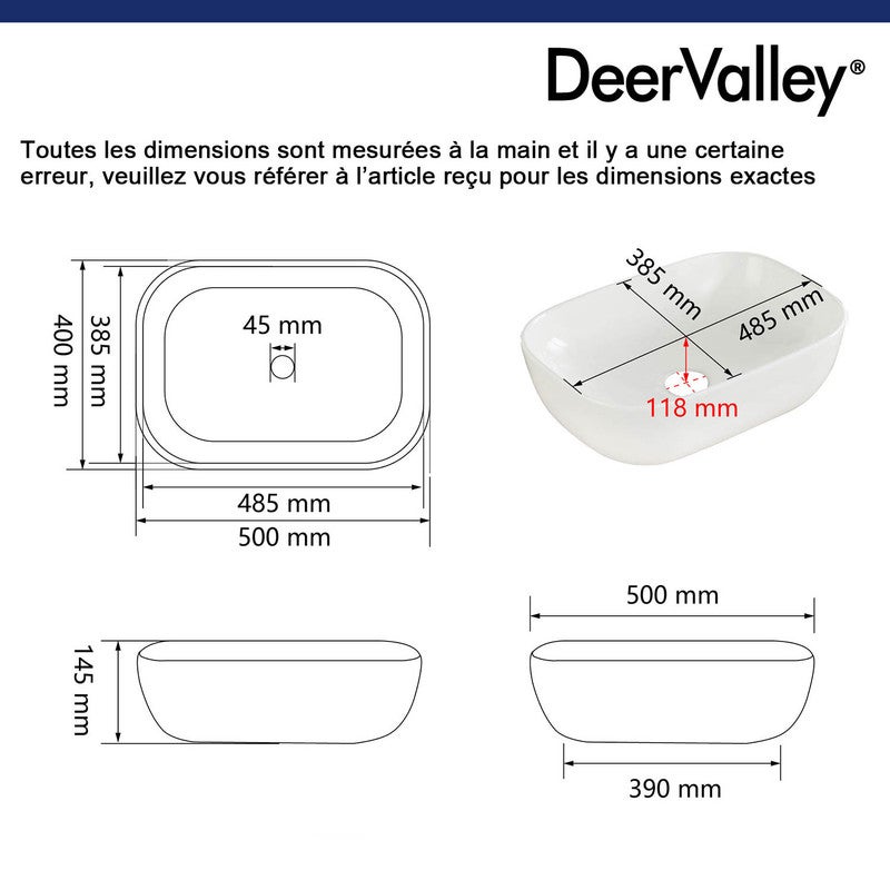 Vasque à Poser Salle de Bain DeerValley – Vasque à Poser Rectangulaire Blanc en Céramique, 50 x 40 x 14,5 cm - 2