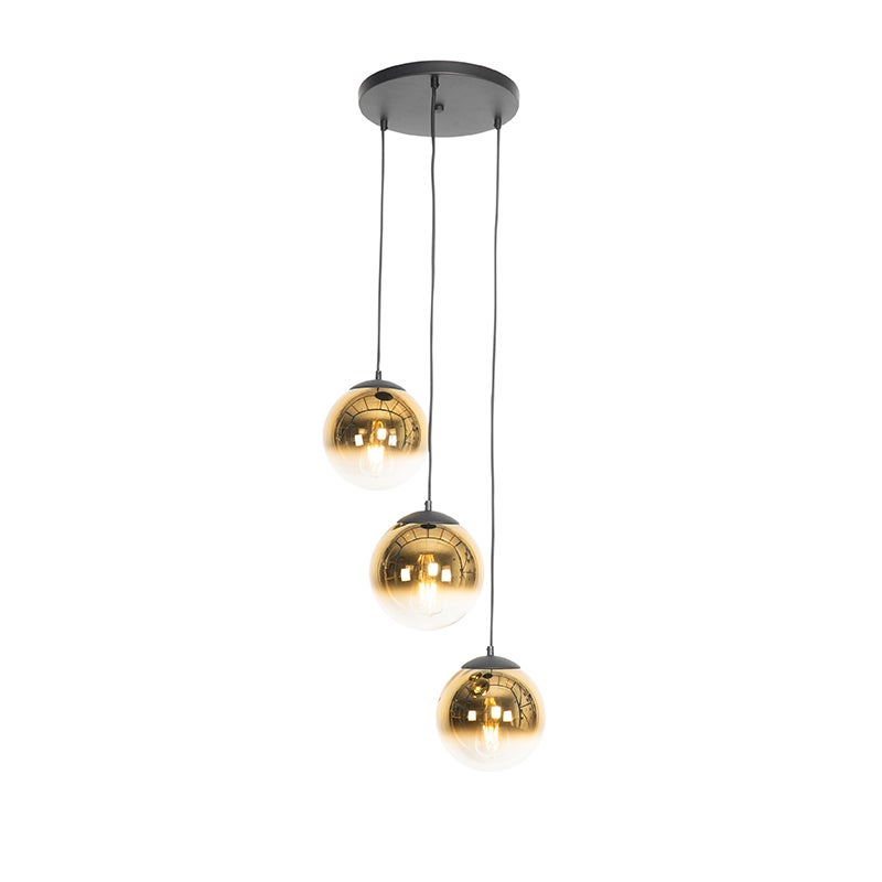 Lampa wisząca w stylu art deco czarna ze szklanymi kulami w kolorze złotym, okrągła, 3-światłowa - Pallon