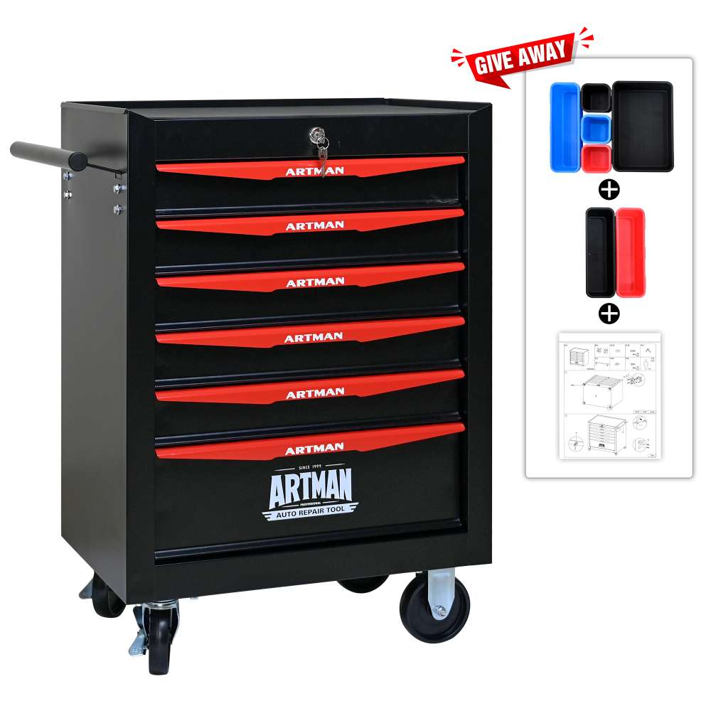 Caisse à outils roulante 6 tiroirs, glissières à billes, boîte en acier, organiseur, noir et rouge. - 4