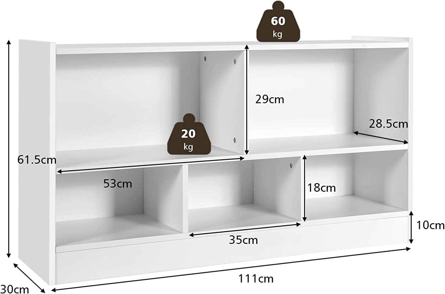 Bibliothèque avec 5 Compartiments, Meuble de Rangement pour Jouets & Livres avec Patins Antidérapants, pour Salon, Chambre, 111x30x61,5cm, Blanc - 5