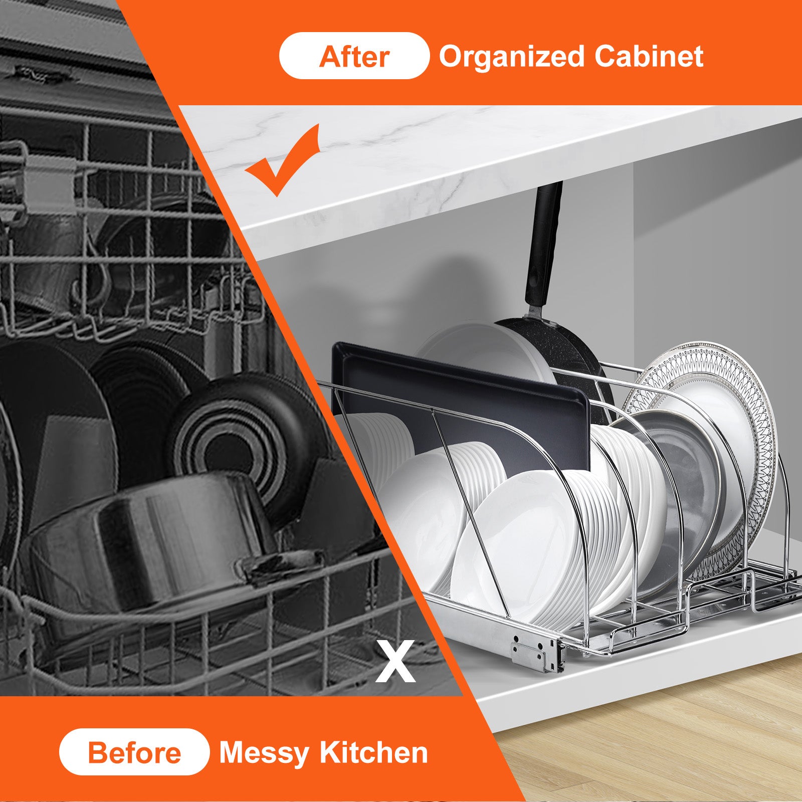 Soporte SucceBuy sartenes y ollas extensible: Organizador deslizante bajo el armario, separadores ajustables, soporte acero para cocina, 12,5