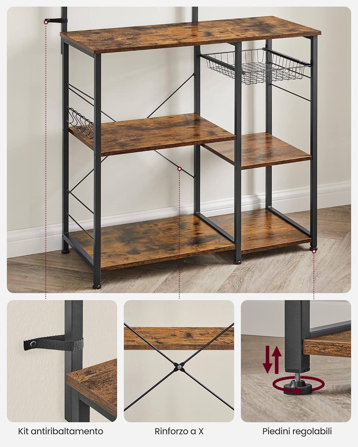 Scaffale Cucina con Cestino Metallo, 6 Ganci, Ripiani a S, per Microonde, Spezie, Pentole, Industriale - 4