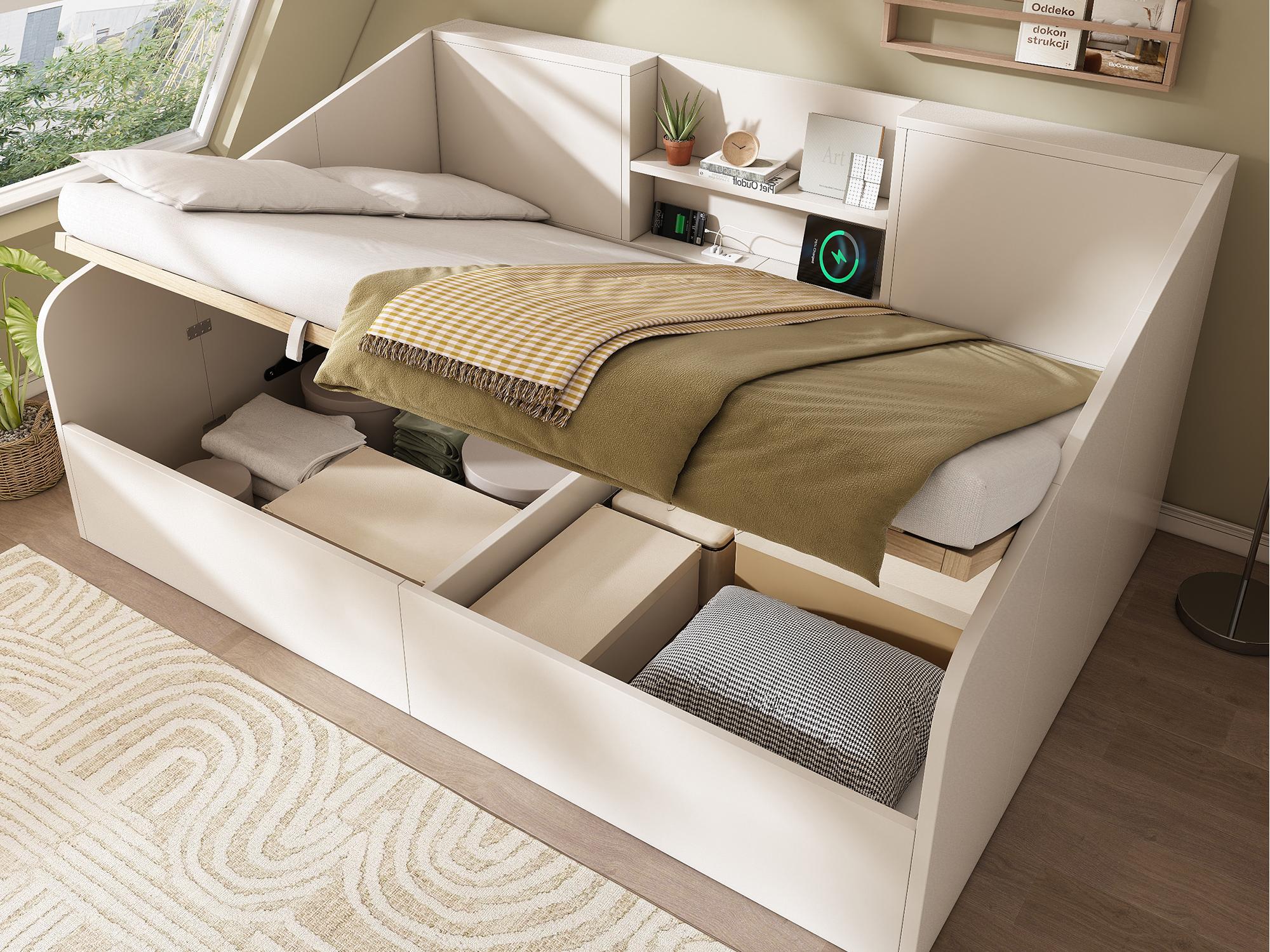 Sofa rozkładana z pojemnikiem 140x190 cm - z USB/typu C - z 2 półkami - płyta MDF + lite drewno - biała (bez materaca)