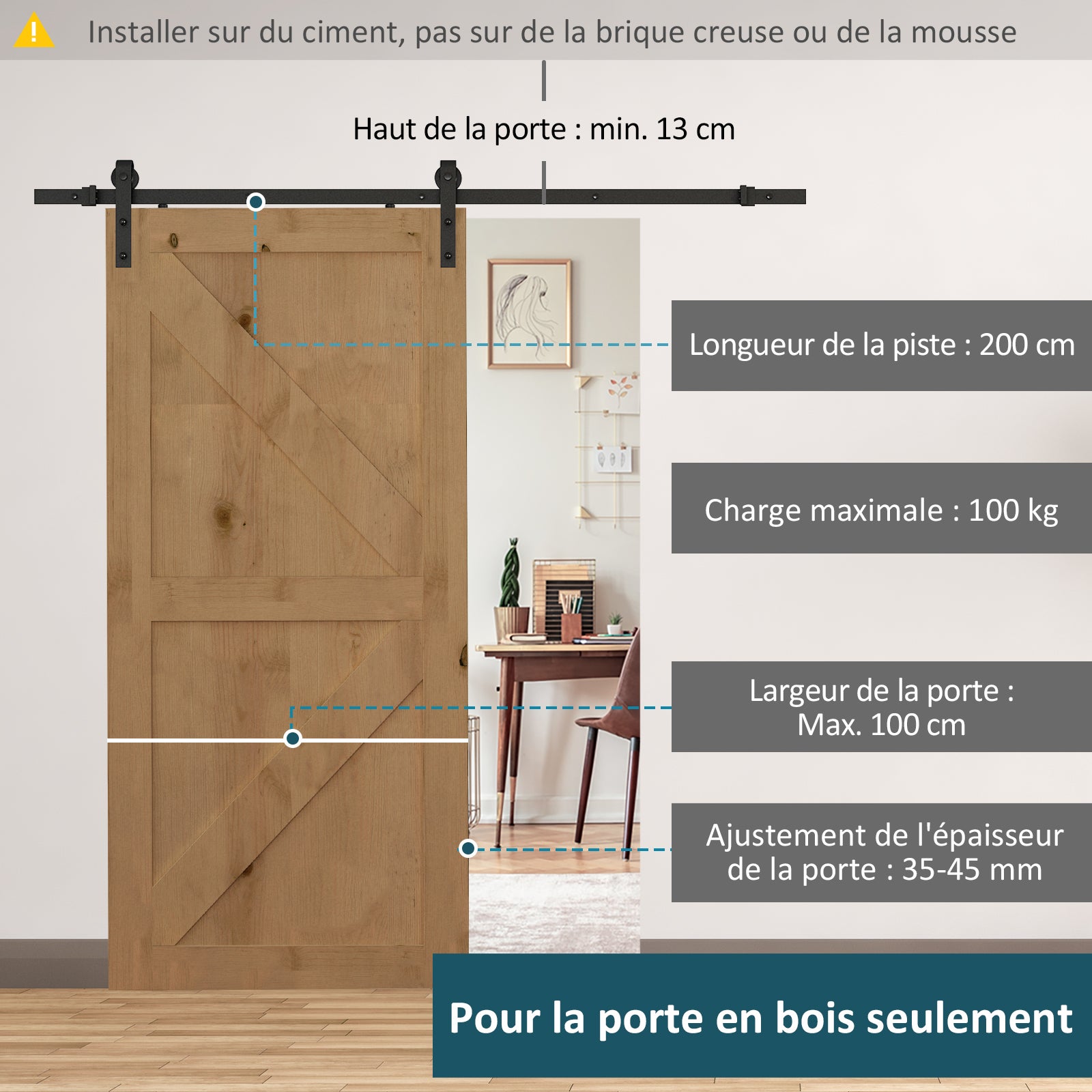 Kit de porte coulissante système galandage pour porte d'une épaisseur de 35-45 mm et largeur max. 1 m charge max. 100 Kg acier brun foncé - 6