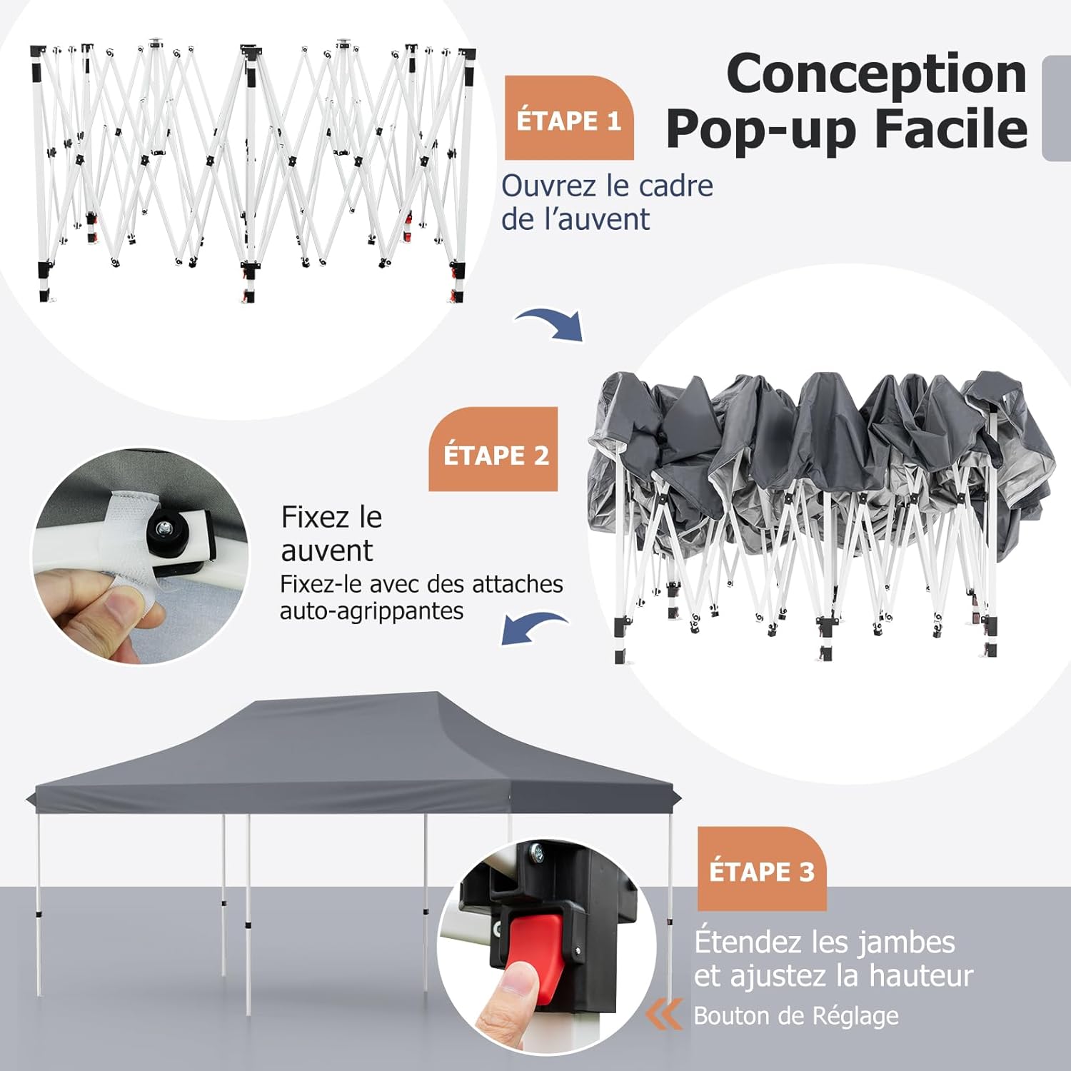 Tonnelle Jardin 3x6M Pop-Up Pliable, Hauteur Réglable, Sac de Transport, 6 Sacs de Sable, Pavillon Portable pour Fête, Mariage, Gris - 5