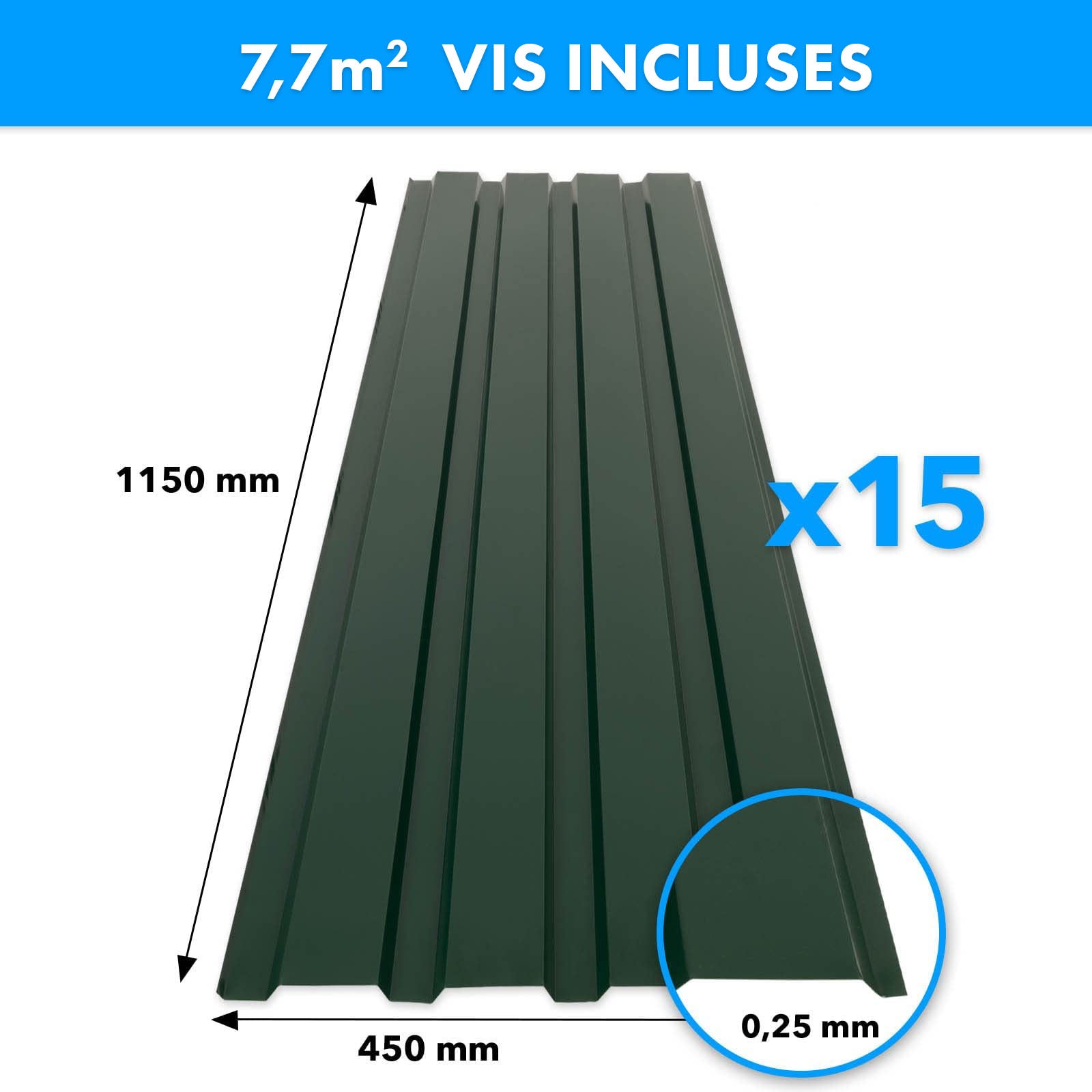 Lot de 15 tôles Couverture métallique Tôle avec vis Épaisseur : 0.25 mm, 115 x 45 cm, Vert - 7