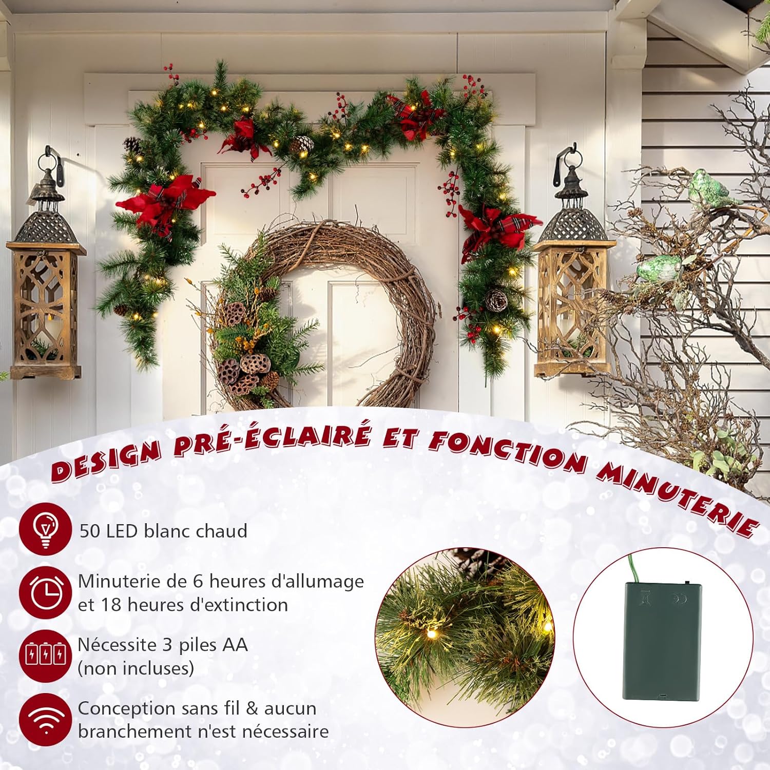 Ghirlanda Natalizia LED Pre-illuminata con 20 Luci,Bacche Rosse,Pigne e Aghi di Pino,Decorazione Festiva | Leroy Merlin