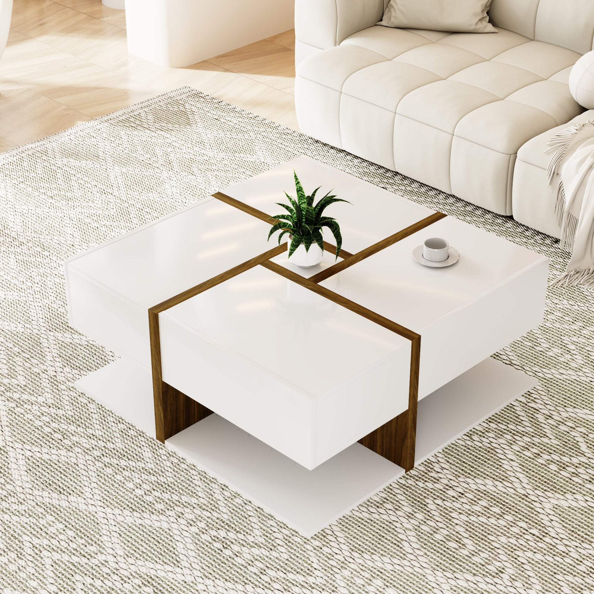Table Basse Laquée avec Espace de Rangement Inférieur, Design Moderne à Lignes Bois, en Panneau de Particules Blanc et Couleur Bois 78×78×34,8 cm - 7
