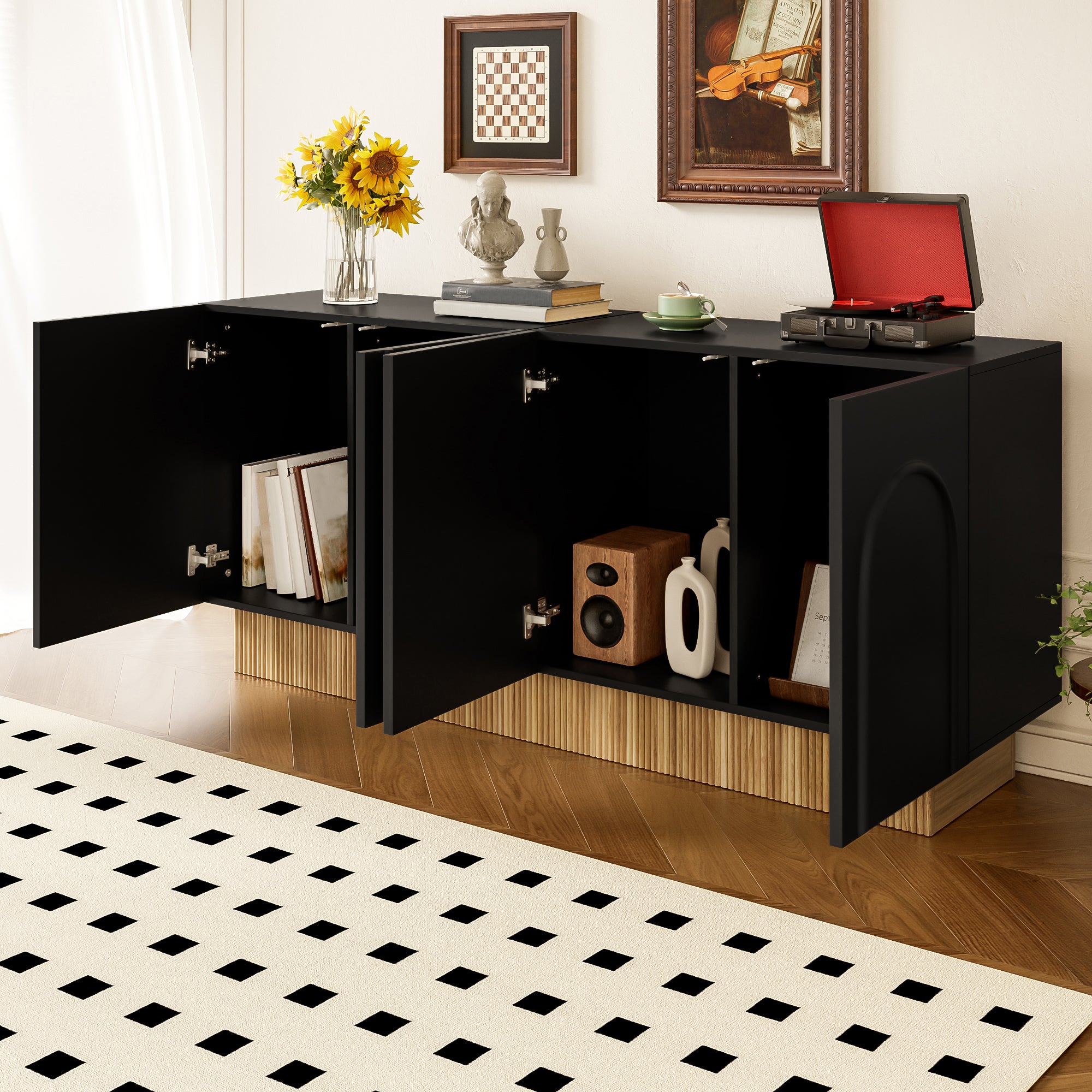 Nowoczesna komoda z 4 drzwiami - 160 x 75 x 38 cm - Płyta wiórowa - do salonu, jadalni - Kolor czarny i drewno - 8