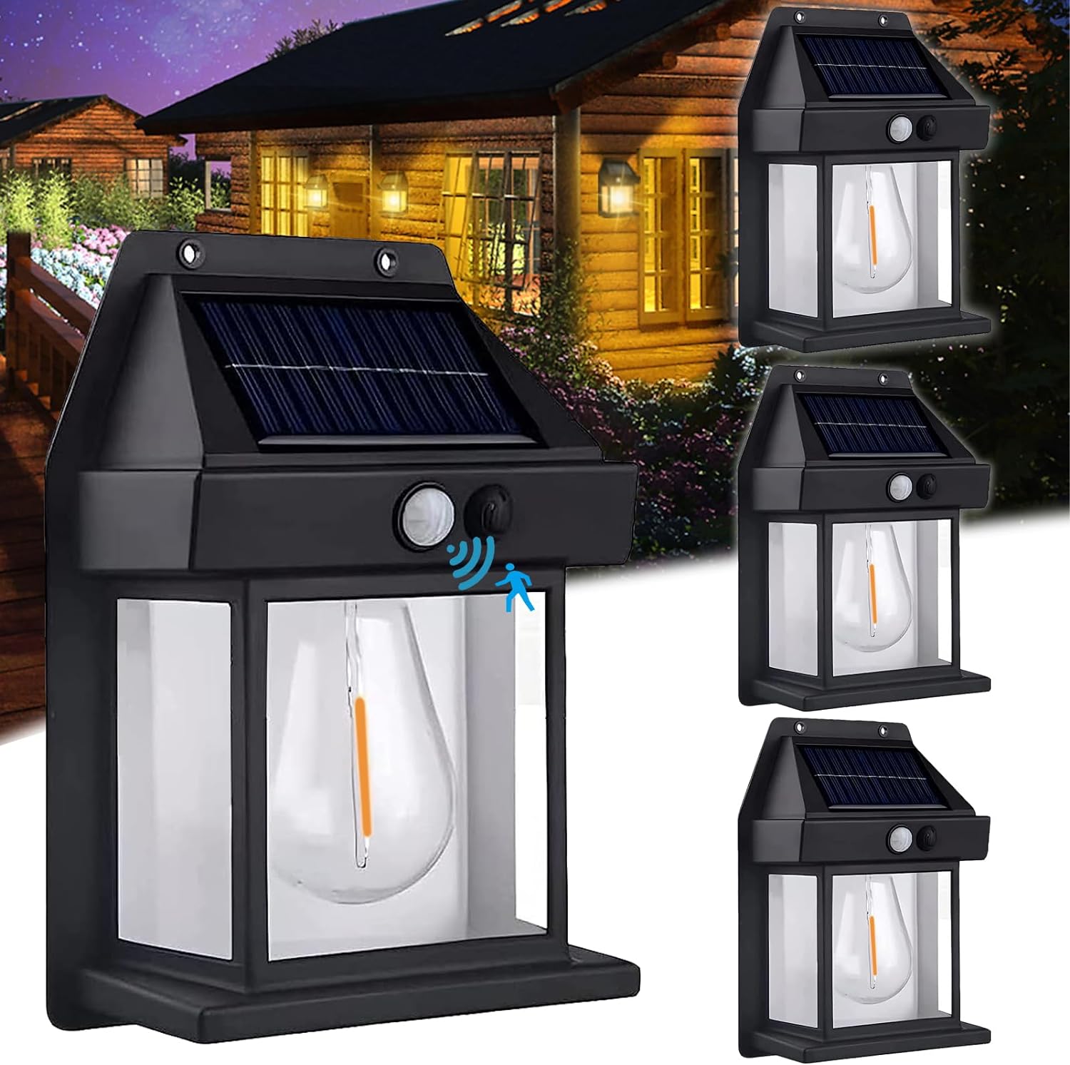 Zestaw 4 solarnych lamp ściennych z wolframu, kinkiet z czujnikiem ruchu i 3 trybami oświetlenia