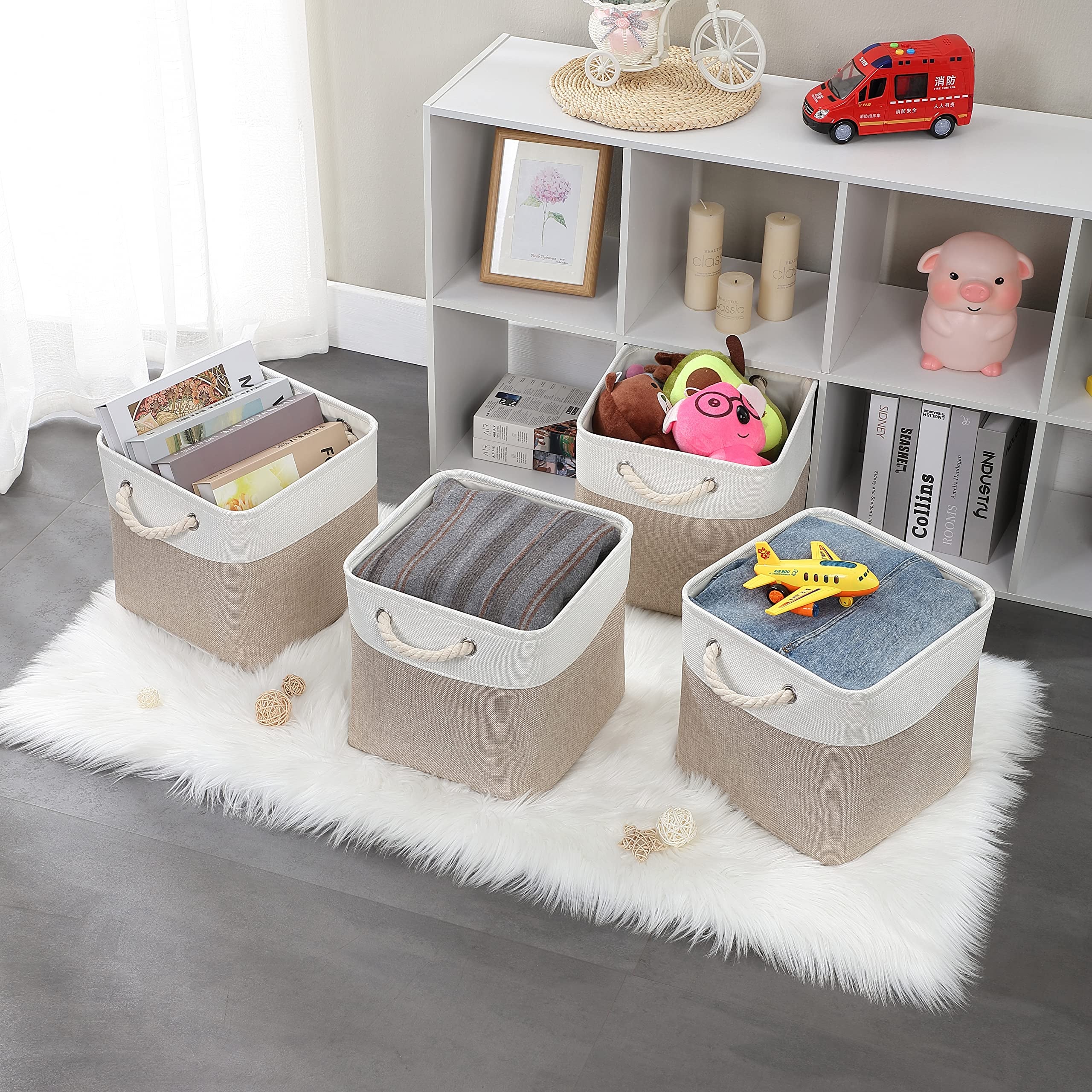 Cube de Rangement Tissu, Panier Cube de Rangement, (Blanc kaki clair, 28x28x28cm/3 Paquet) - 6