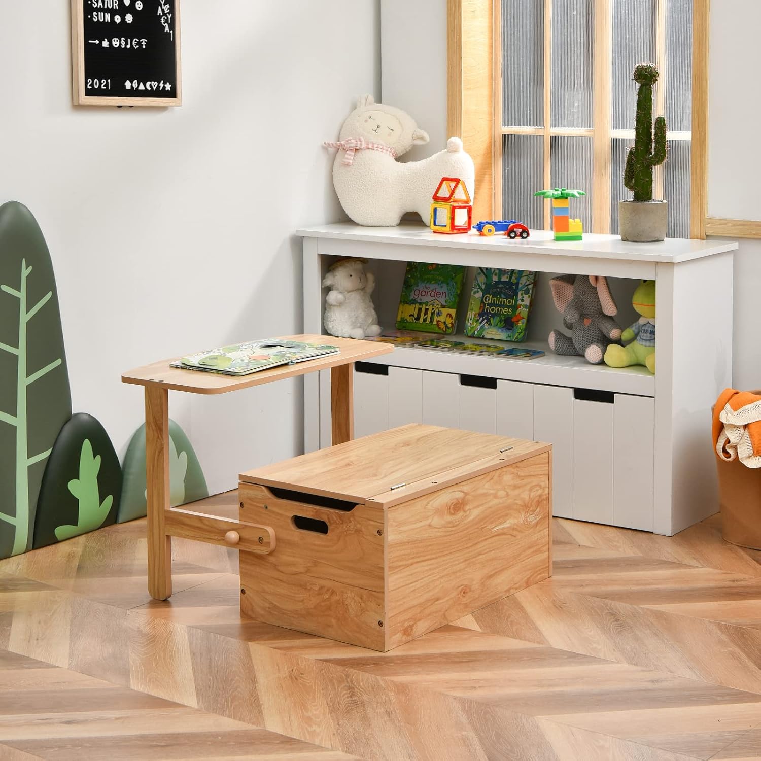 Table Chaise Enfant 3 en 1, Banc Coffre a Jouet Enfant en Bois avec Couvercle, Dossier, Boîte de Rangement, Table d'Activités pour 3-7 Ans (Naturel) - 2