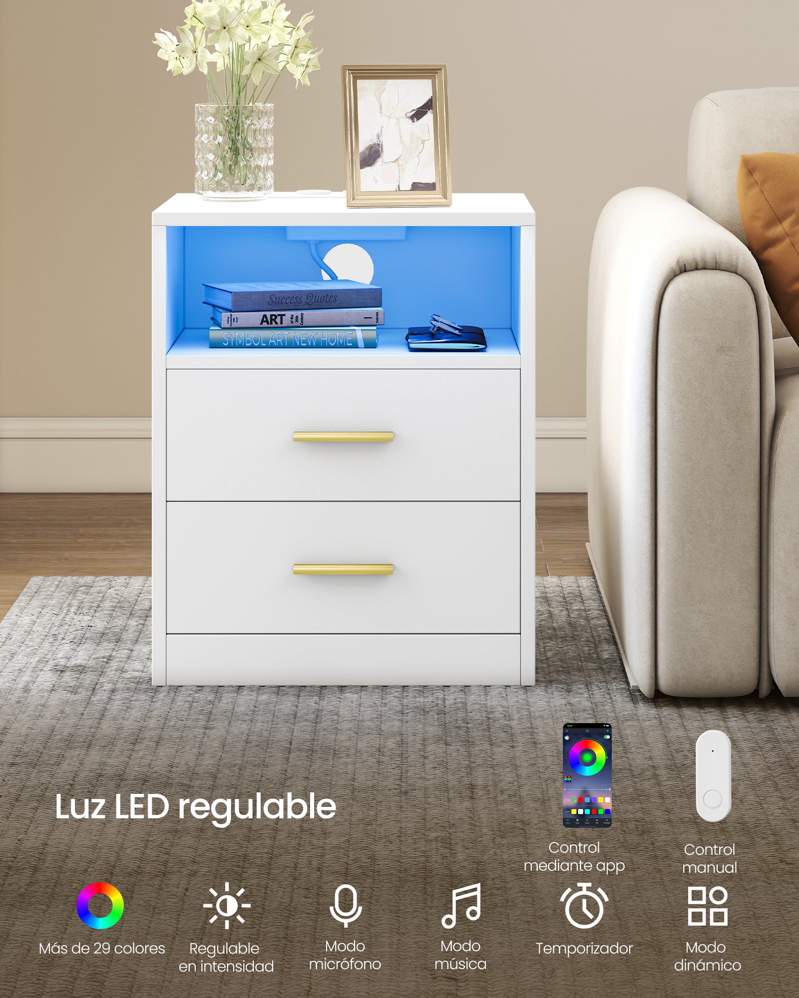 CUSTOS Colección - Mesita de Noche con Estación de Carga, Luz LED, Mesa Auxiliar con Cajones, Estante Abierto, 2 Tomas CA y Puertos USB, Blanco Nube - 3