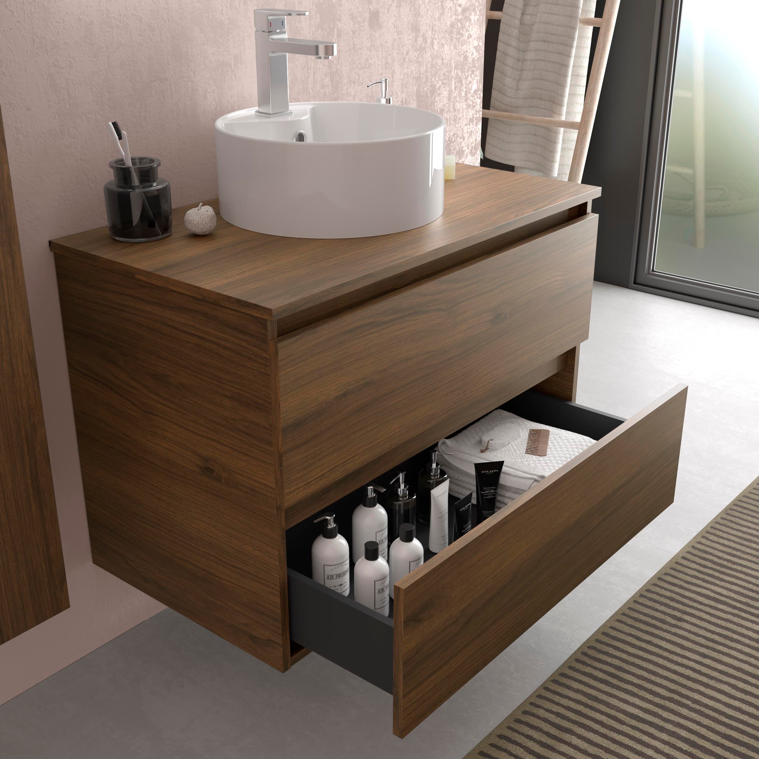 Meuble de salle de bain BEQUIA 100cm Noyer | Avec plan toilette (vasque non incluse) - 2