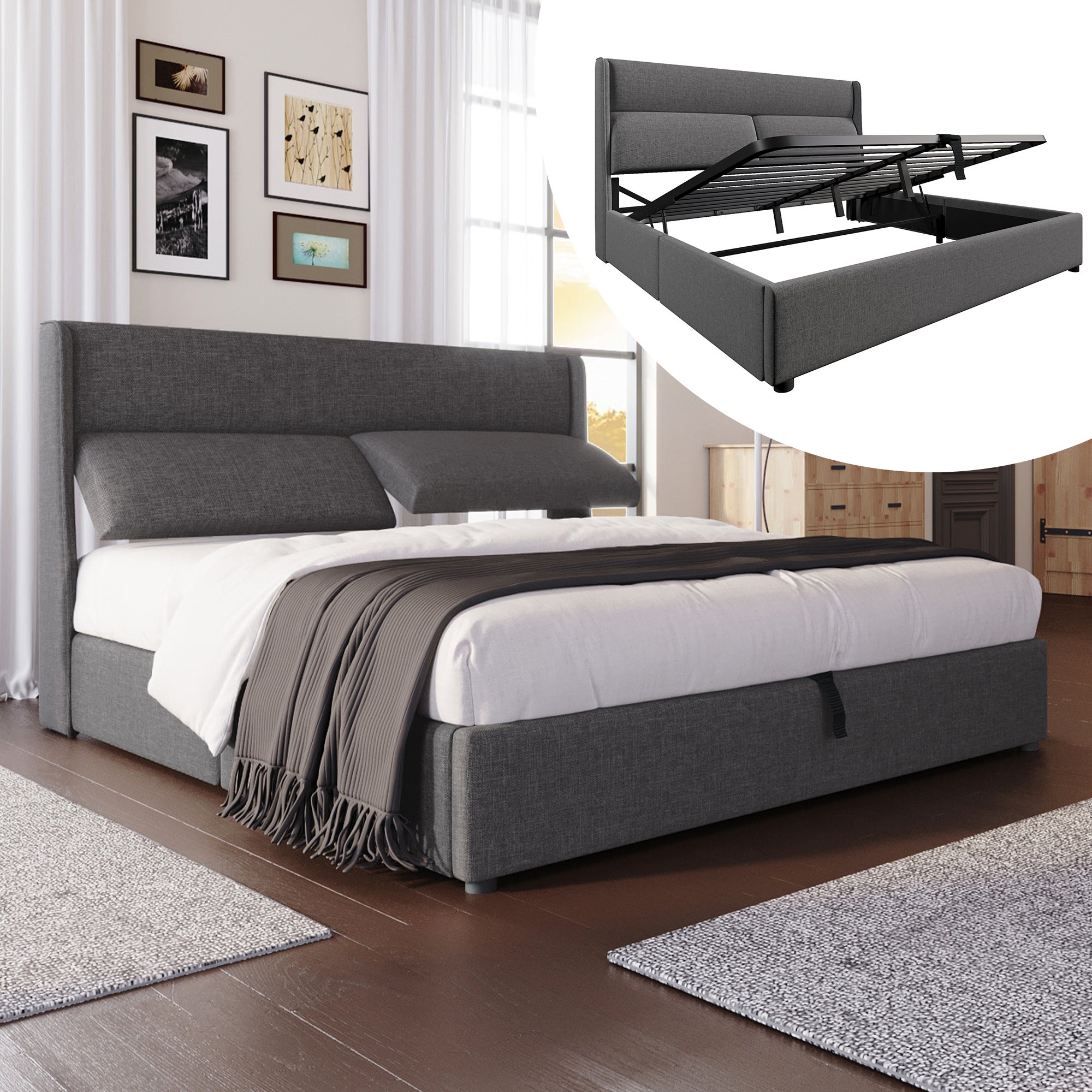 Bett z regulowalnym oparciem - 180x200cm, szare, z magazynowaniem, linia, metal