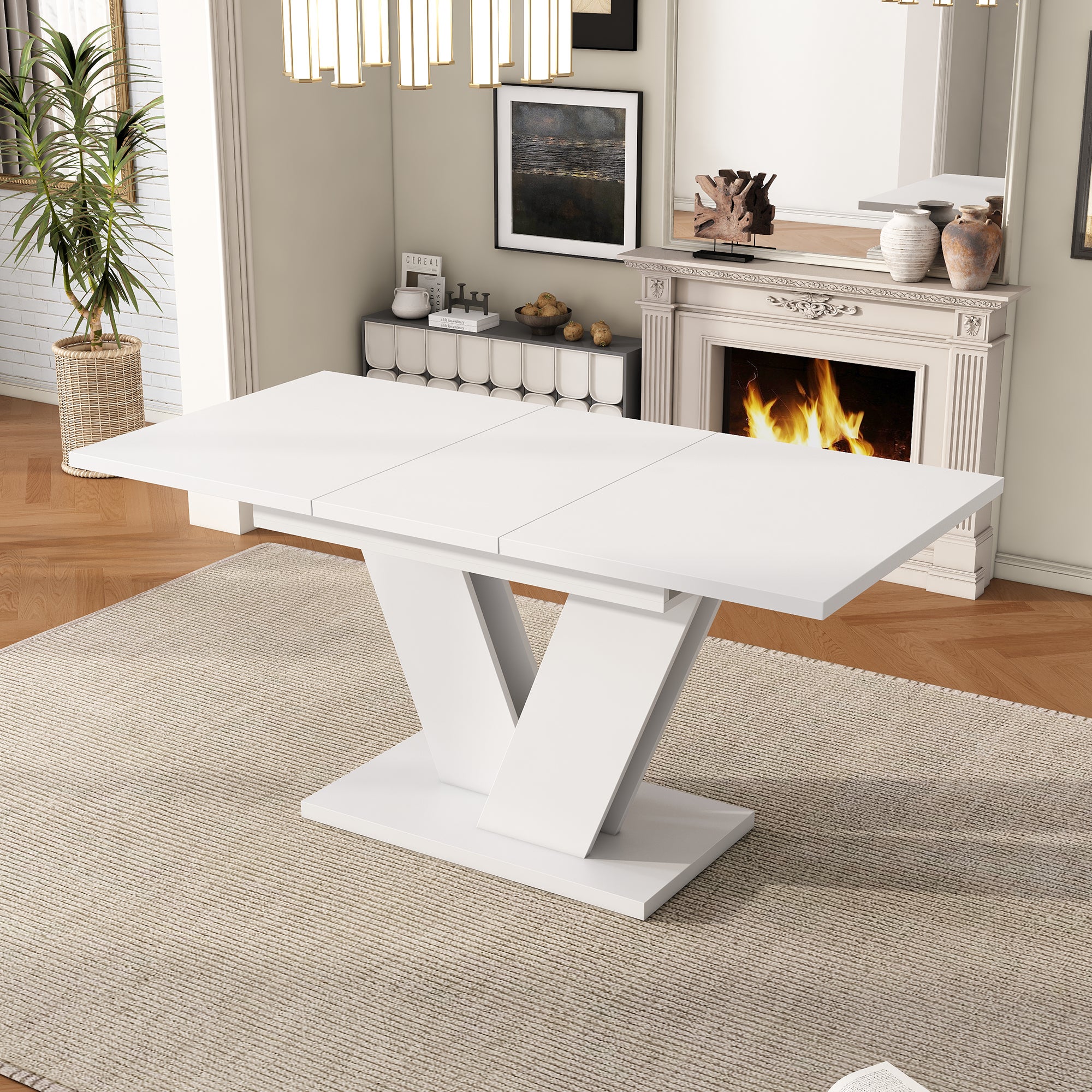 Table à manger extensible pour 4 à 6 couverts - 120/160 x 80 x 75.5 cm - MDF - Pièds en forme V - Blanc - 2