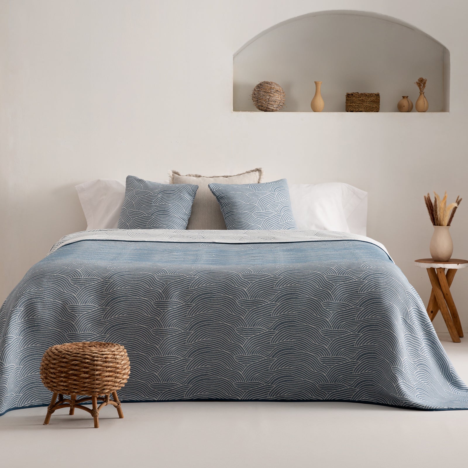 Colcha cama 150 cm ligera entretiempo primavera verano marea jacquard algodón transpirable, 250x270 cm, color azul