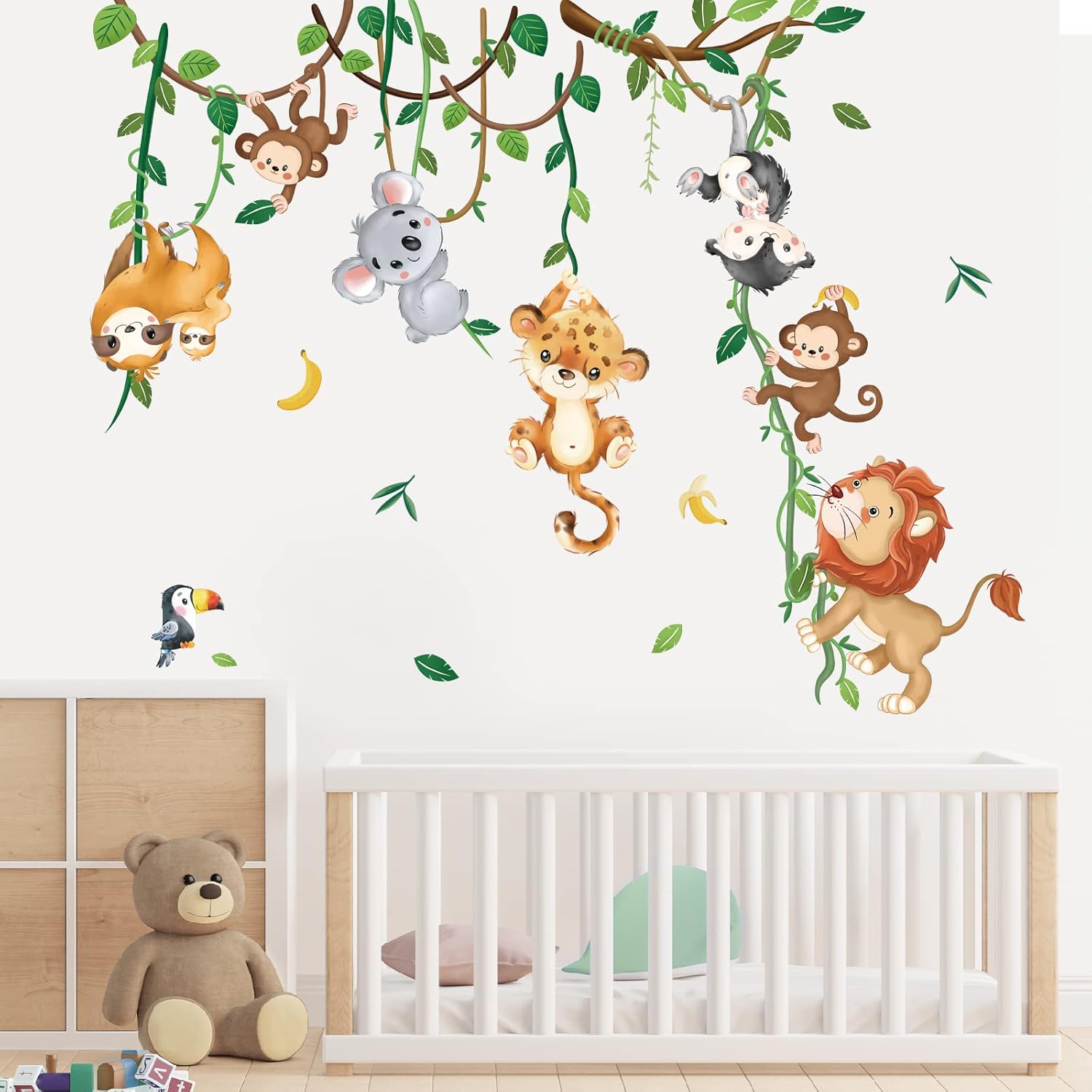 Stickers muraux animaux de la jungle, koala, lion, singe, paresseux, vigne, décoration murale pour chambre d'enfant, bébé, crèche, salon - 3