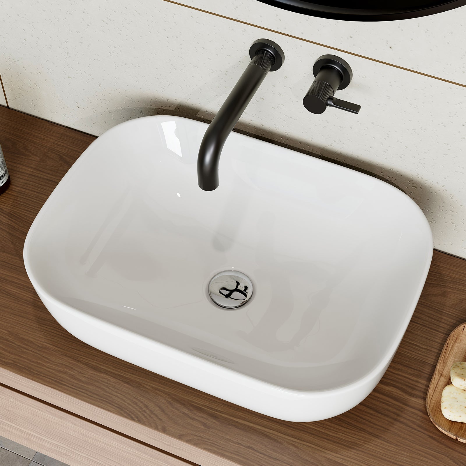 HOROW Lavabo ovale à poser, blanc, 46 x 33 x 13,5 cm, cuit au feu, résistant aux rayures, à écoulement rapide, sans trou de robinetterie ni trop-plei - 2