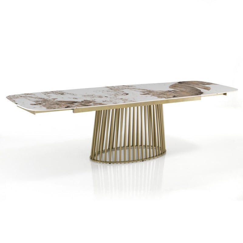 Stół rozkładany CAGE 1 – metal w kolorze szampańskiego złota, ceramika Onyx Marble, wys. 75,5 cm, szer. 180/220/260 cm, 8/12 miejsc, do jadalni