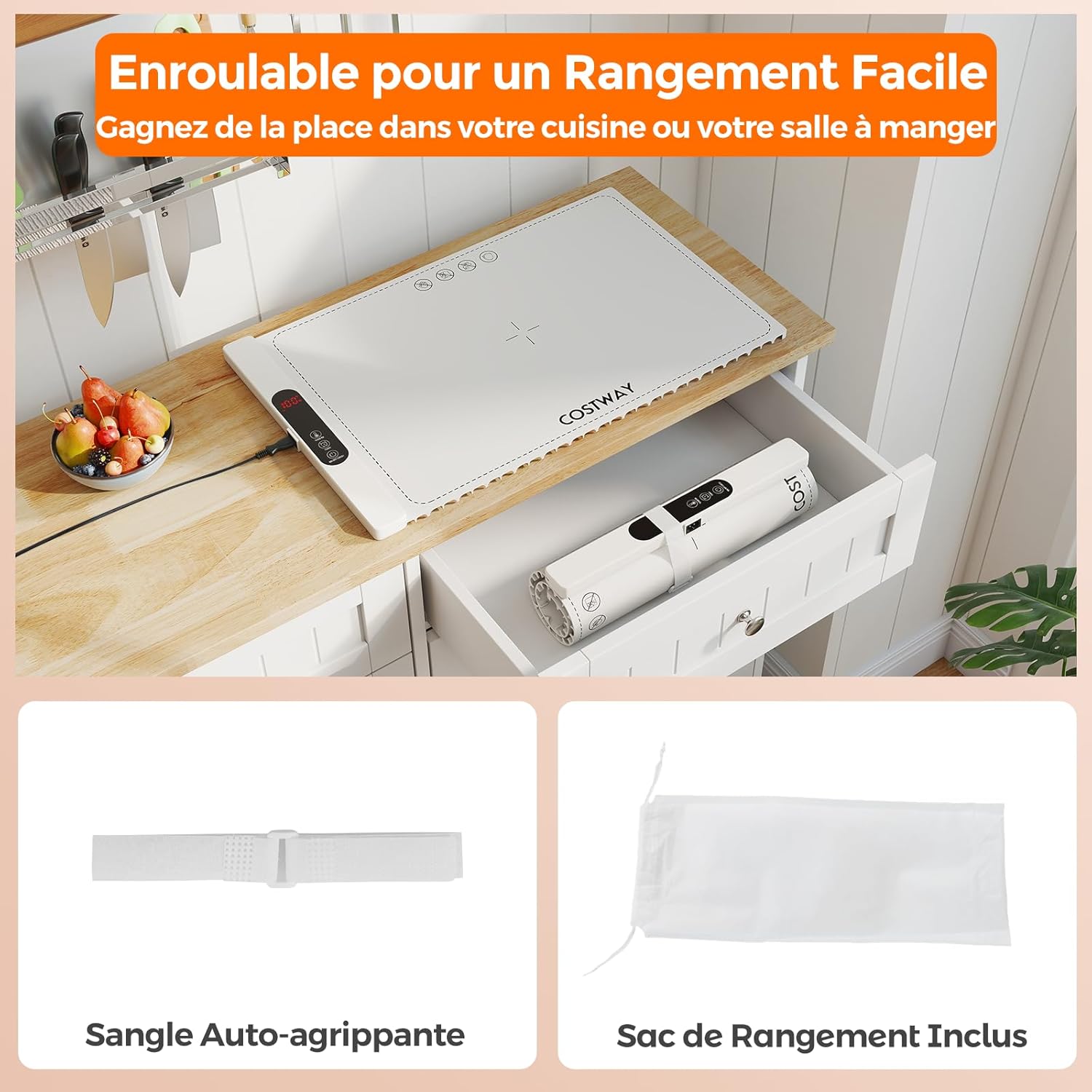 COSTWAY Chauffe Plat Électrique Pliable, Tapis Chauffant en Silicone pour Aliments, Plateau Chauffant Portable avec Température et Minuterie Réglables, pour Fêtes, Buffets, Réunions (Blanc