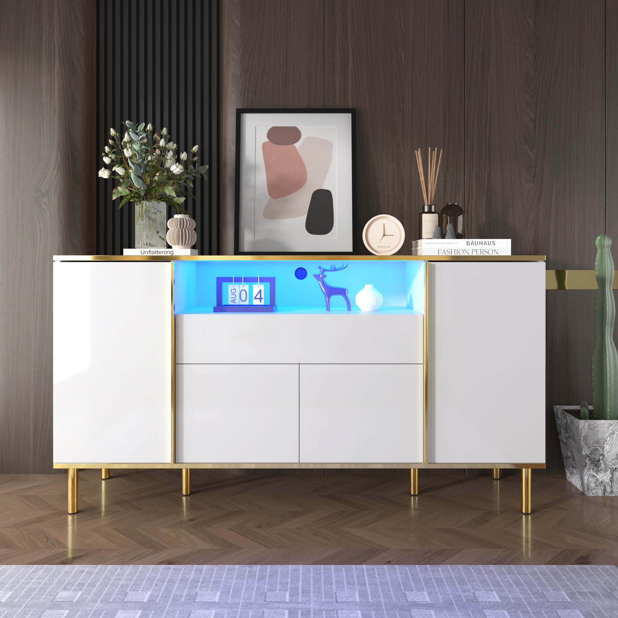 Komoda niska z 4 drzwiami i 1 szufladą - 150 x 40 x 80 cm - Płyta MDF + płyta wiórowa - Nogi metalowe w kolorze złotym - Biały połysk