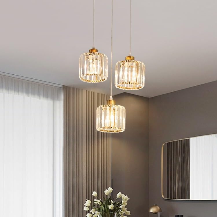 LEDANDER Lustre moderne en cristal, lustre linéaire réglable, disque à trois lumières, couleur or, sans source lumineuse, 220V, E27 - 6