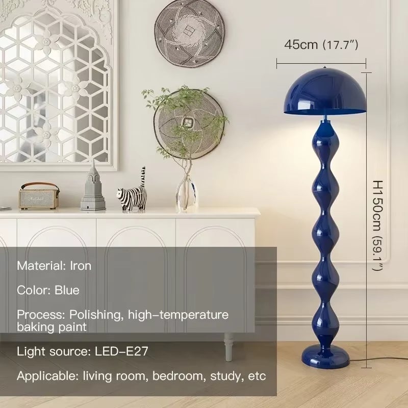 Lampada Da Terra Classica Qazqa Parte FL - 1 Luce, Paralume In Velluto Blu Con Interno Dorato - Altezza Regolabile 103-143 Cm, Attacco E27 - Per Soggiorno, Camera Da Letto, Cucina - 2