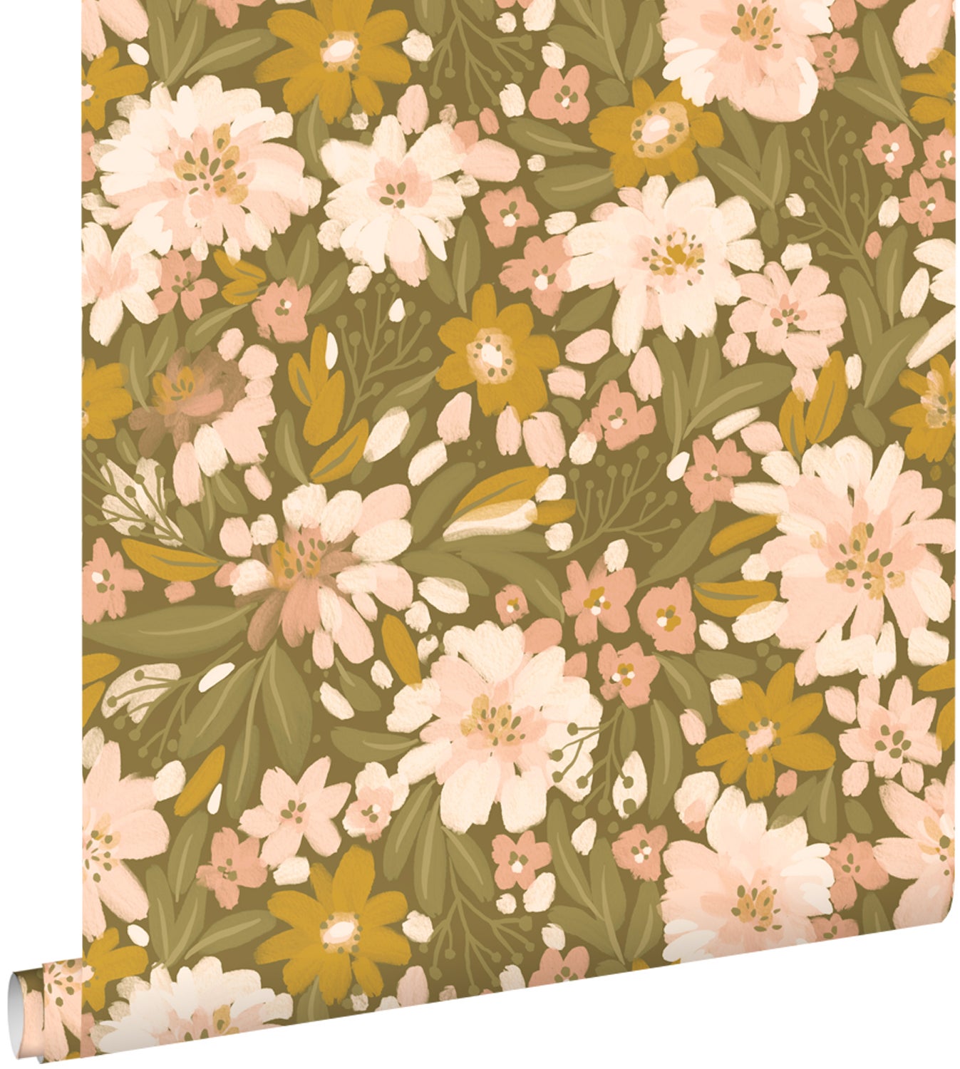 Tapeta kwiaty szaro-oliwkowym,jasnego różuImusztardowo żółtym - 50 x 900 cm - ESTAHOME