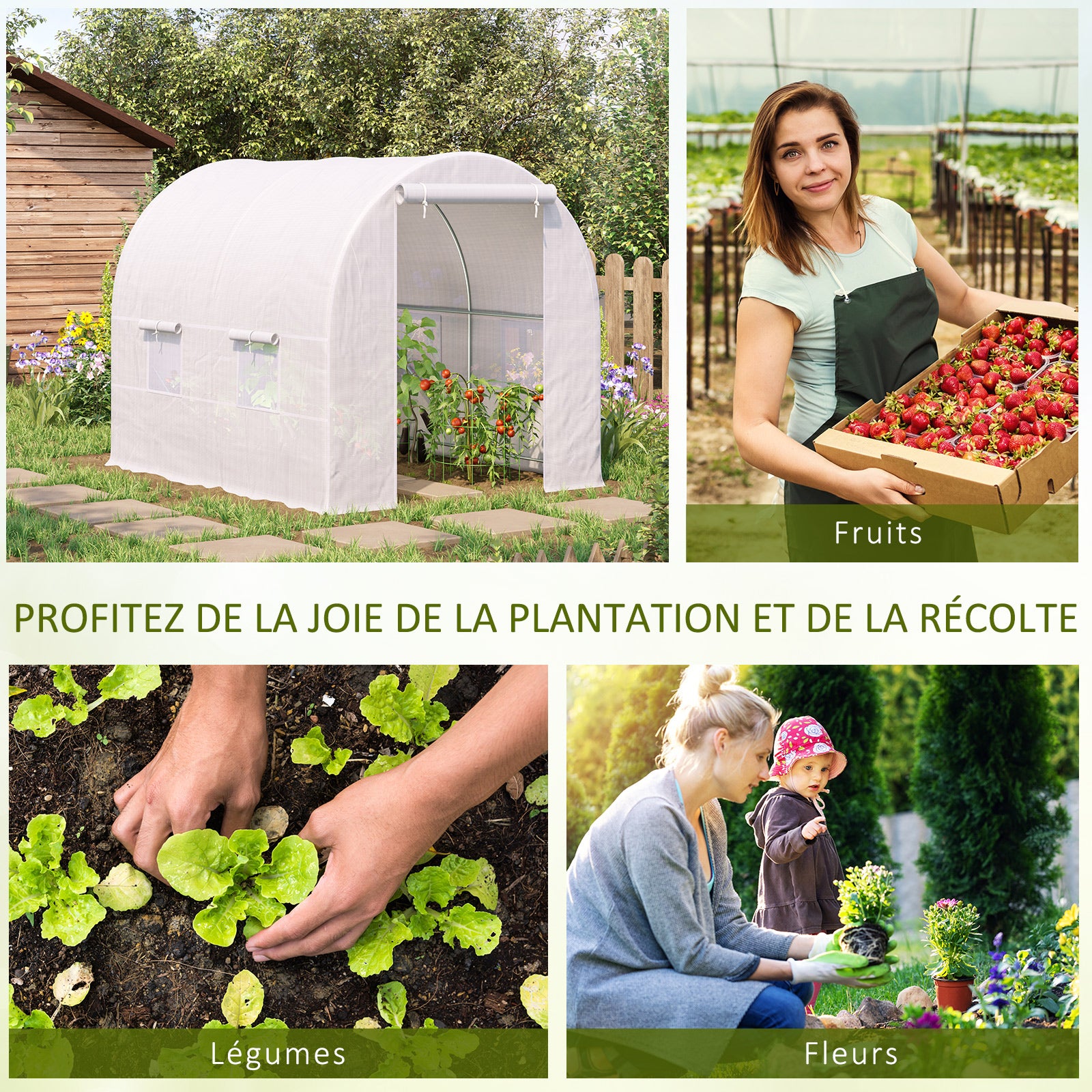 Serre tunnel de jardin - Outsunny - 5m² 245x200x200 cm - porte 4 fenêtres - cadre en métal, bâche PE haute densité 140 g/m² - blanc - 6