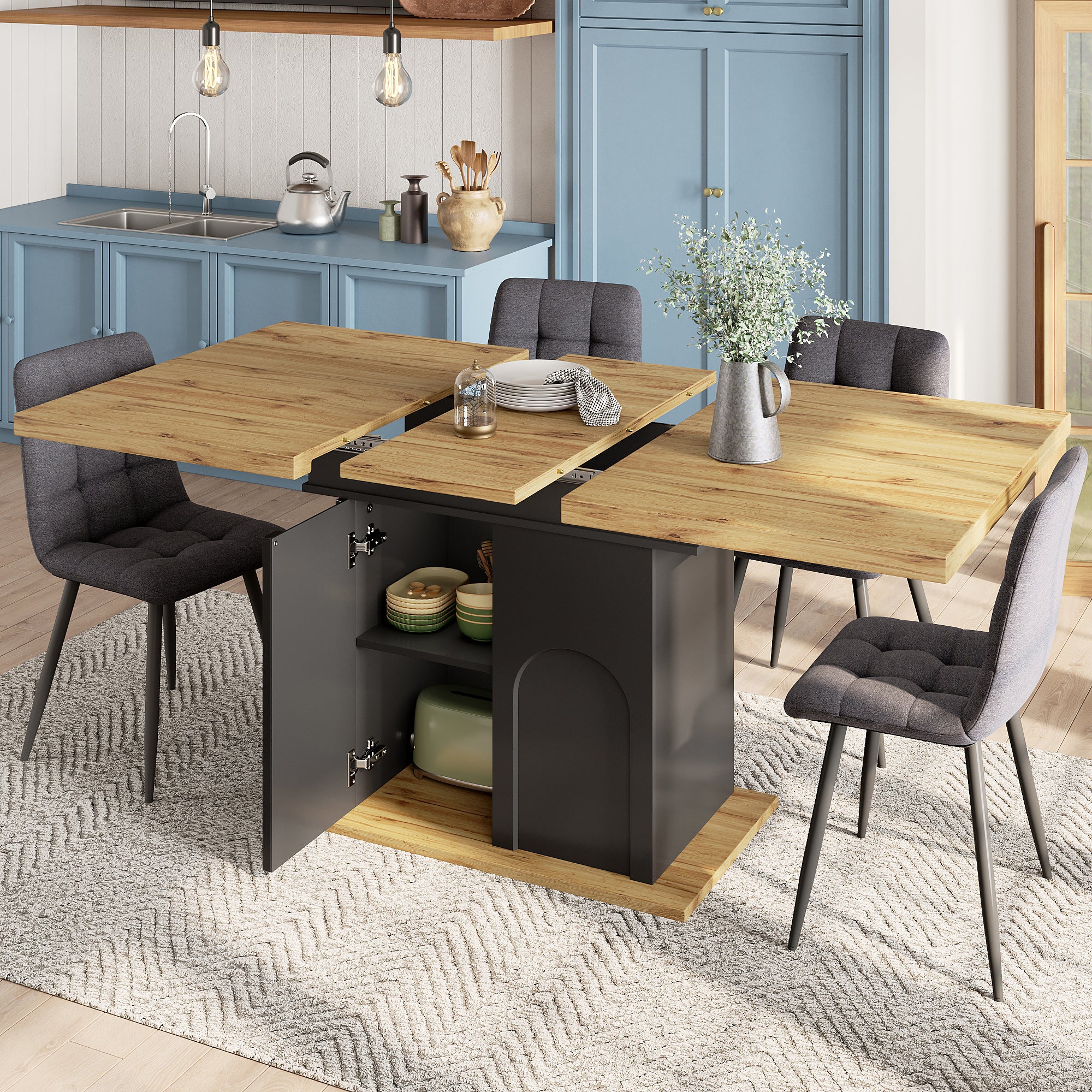 Rozkładany stół jadalny 110/140 x 80 x 76 cm - 6 miejsc - Regulowane nogi - Płyta MDF + metal - Z szafką - Czarny