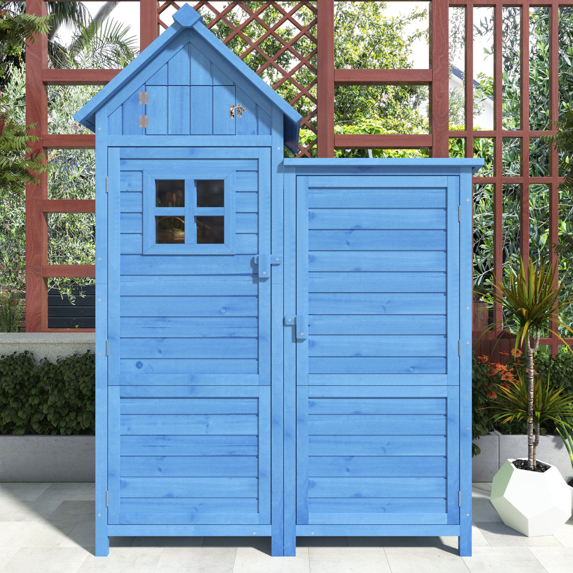 Abri de jardin armoire à outils, 118 x 54 x 173 cm, résistant aux intempéries, bois, bleu, toit en PVC (ensemble, 1 pièce, 1 x armoire à outils) | Leroy Merlin