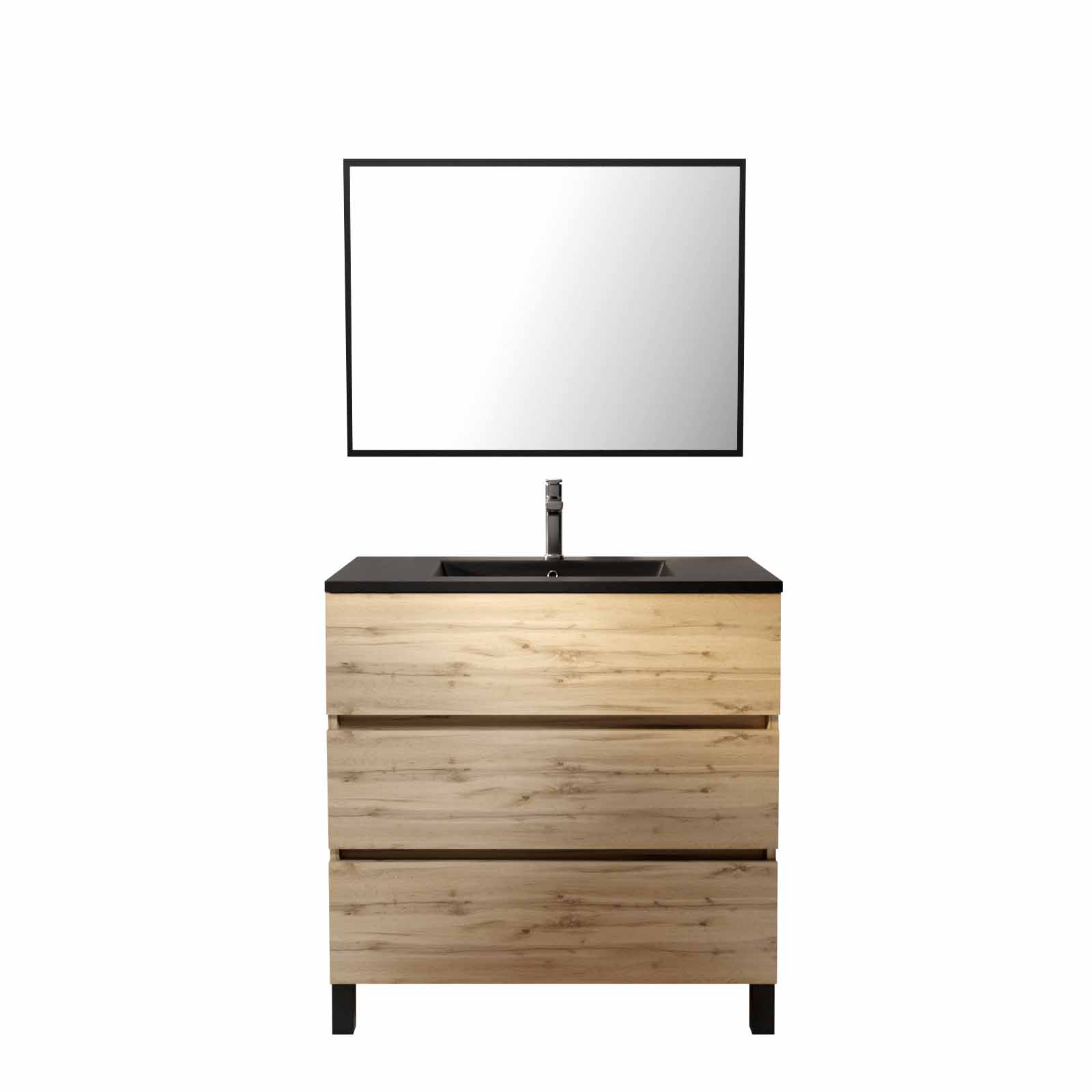 Meuble salle de bains 80cm décor chene naturel 3 tiroirs - Vasque noire et Miroir - TIMBER - 3