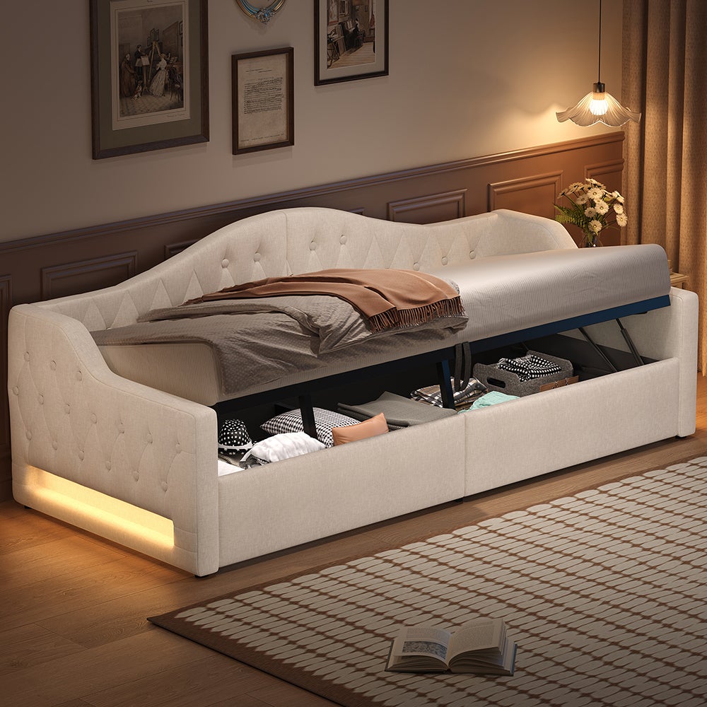 Rozkładana sofa 90 x 200 cm, z paskiem LED, hydraulicznym schowkiem, kolor beżowy - 3